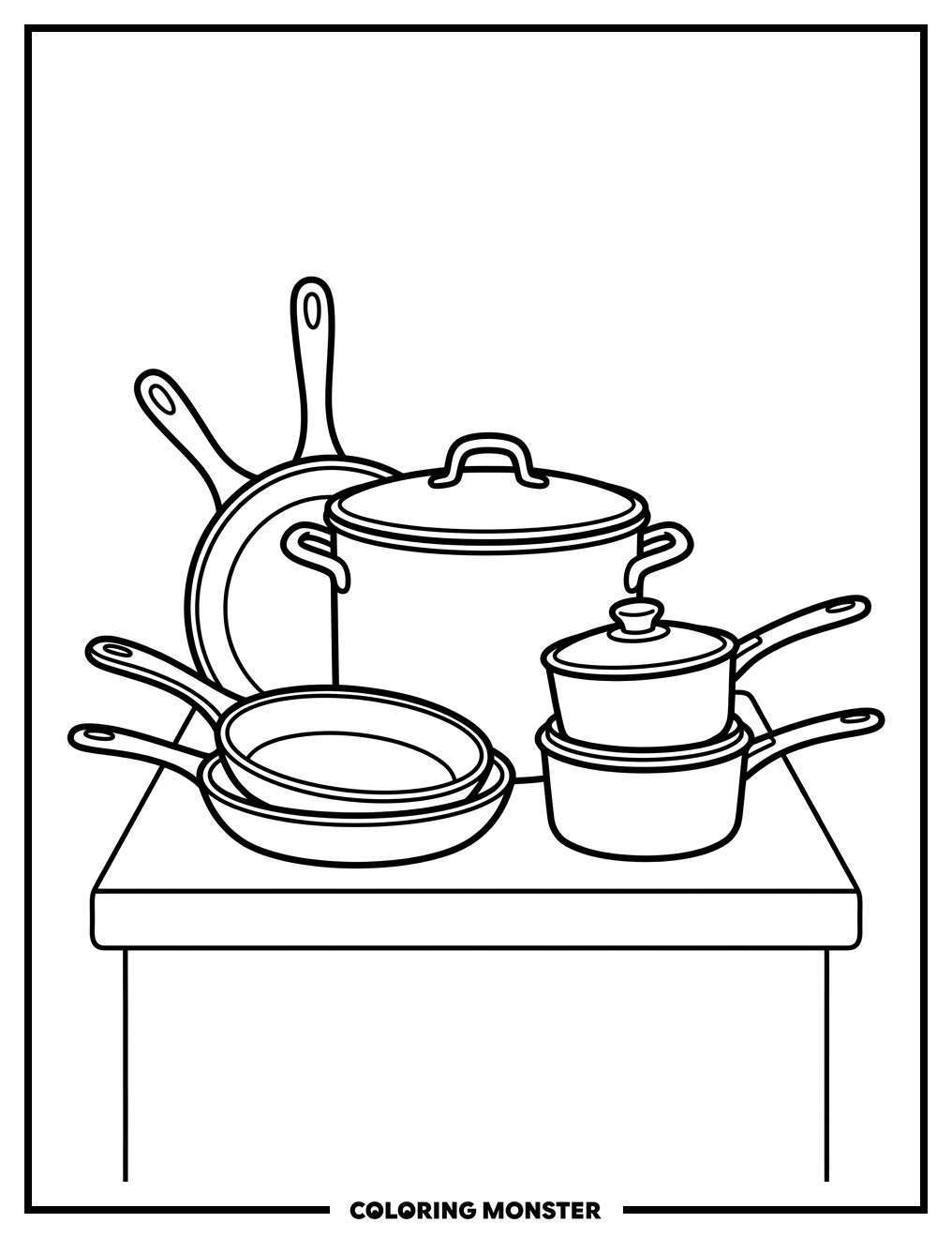 Kitchen Pots and Pans on Counter Coloring Page