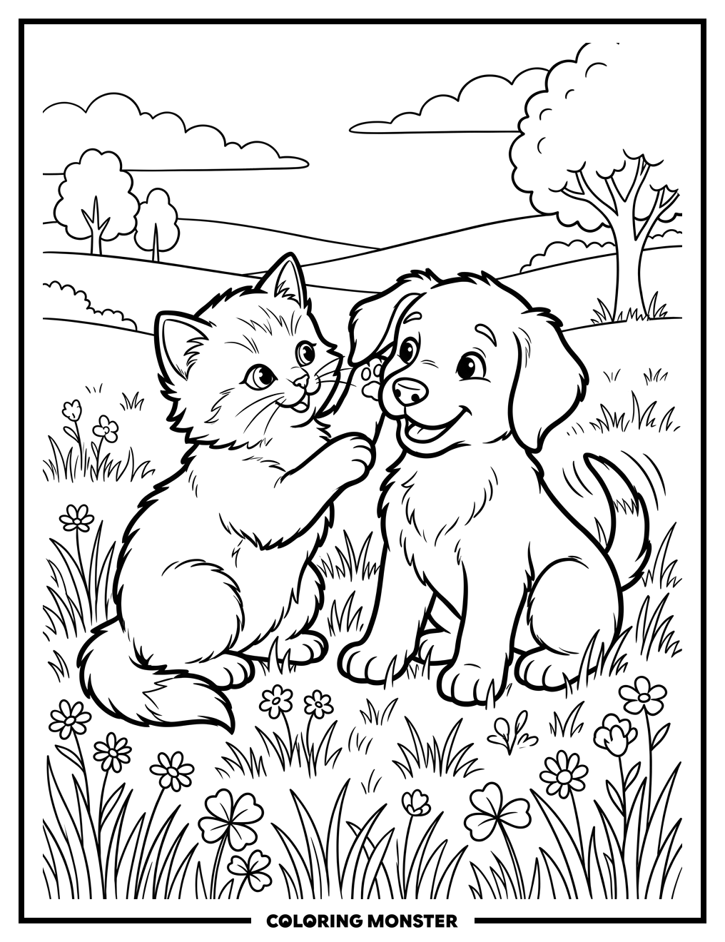 Kitten and Puppy in Meadow Coloring Page