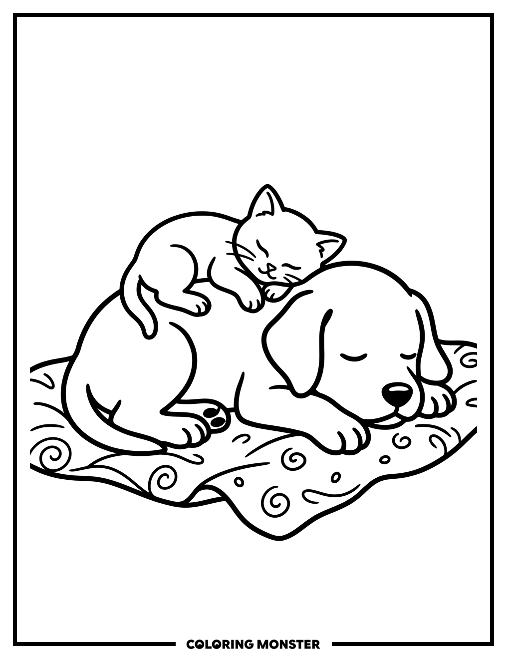 Kitten and Puppy Napping Together Coloring Page