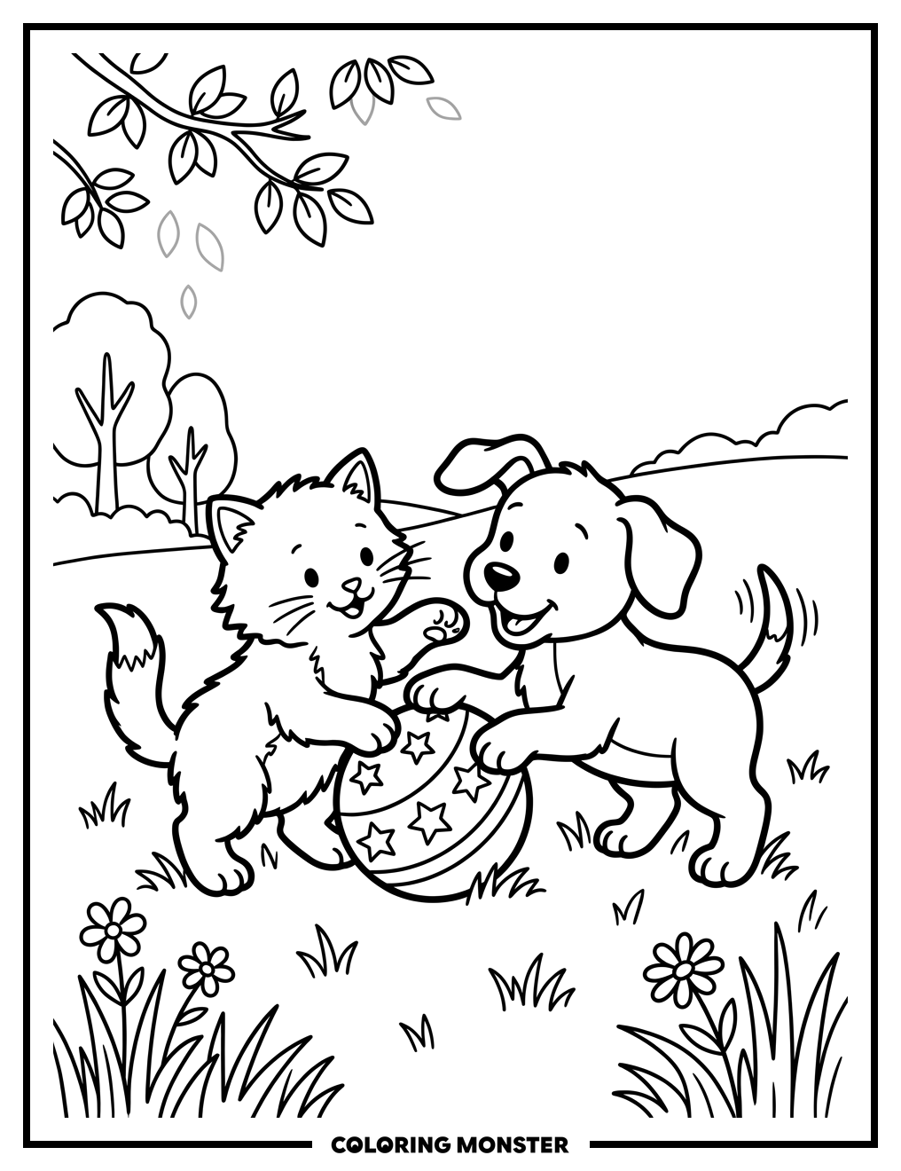 Kitten and Puppy Play Together Coloring Page