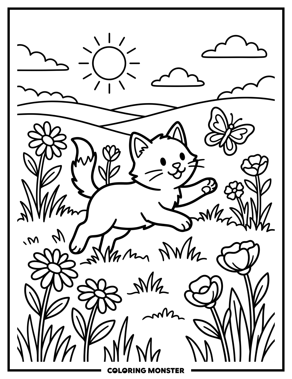 Kitten Chasing Butterfly In Meadow Coloring Page