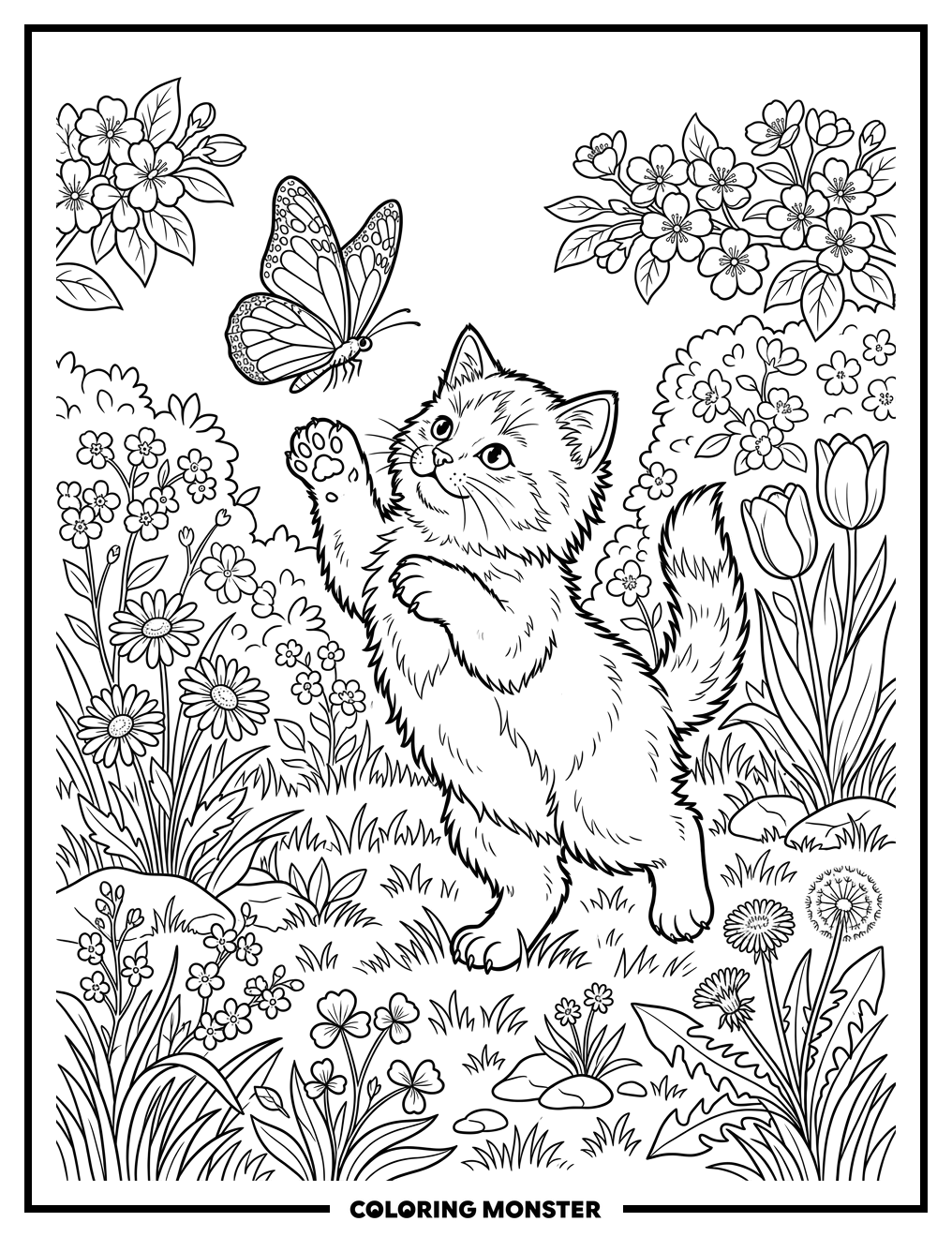 Kitten Chasing Butterfly in Spring Garden Coloring Page