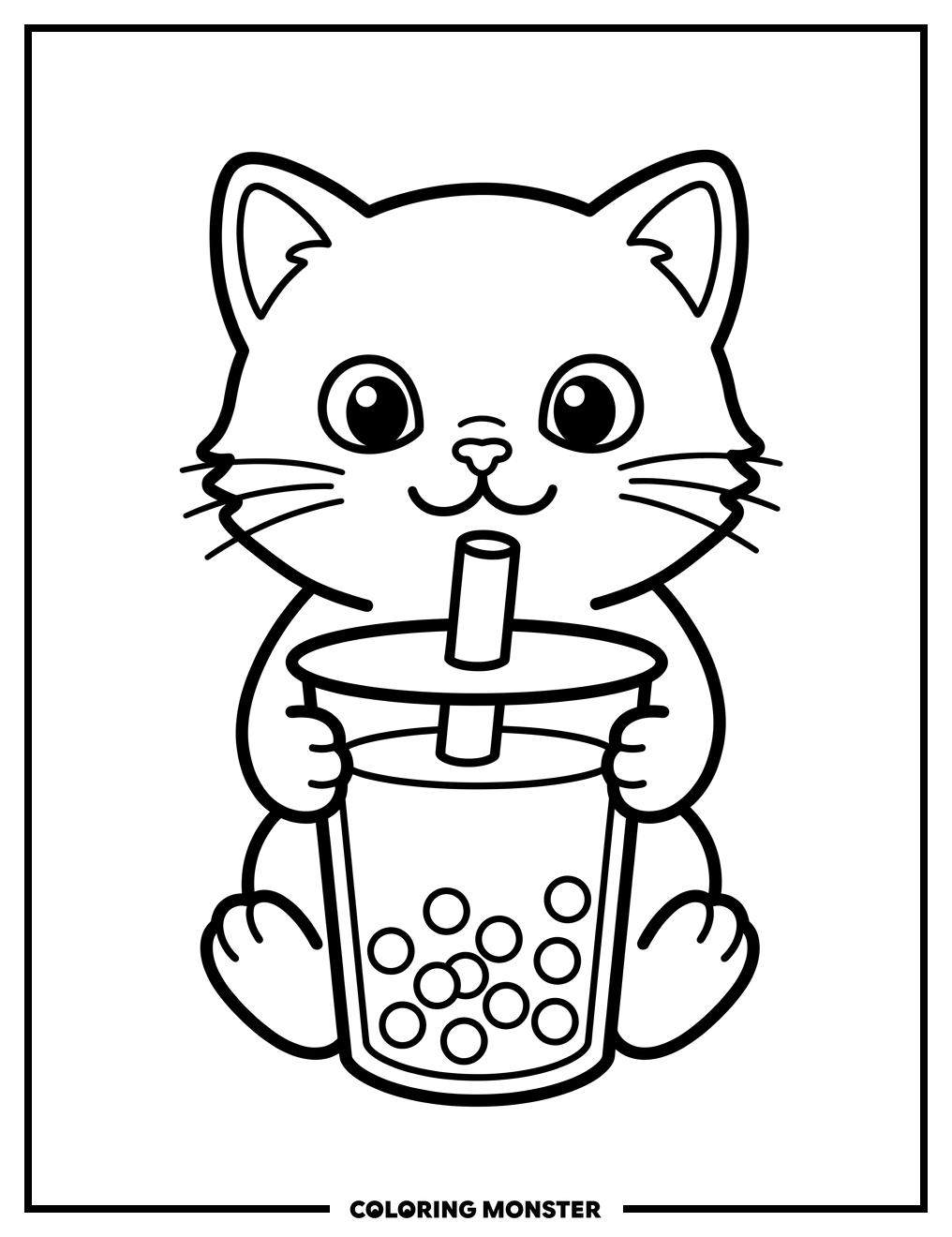 Kitten Enjoying Bubble Tea Coloring Page