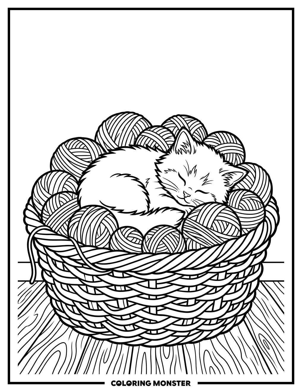 Kitten in a Yarn Basket Coloring Page