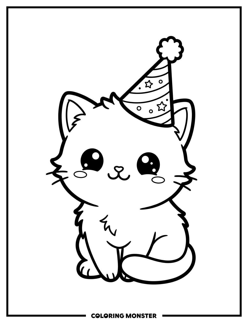 Kitten in Party Hat Coloring Page