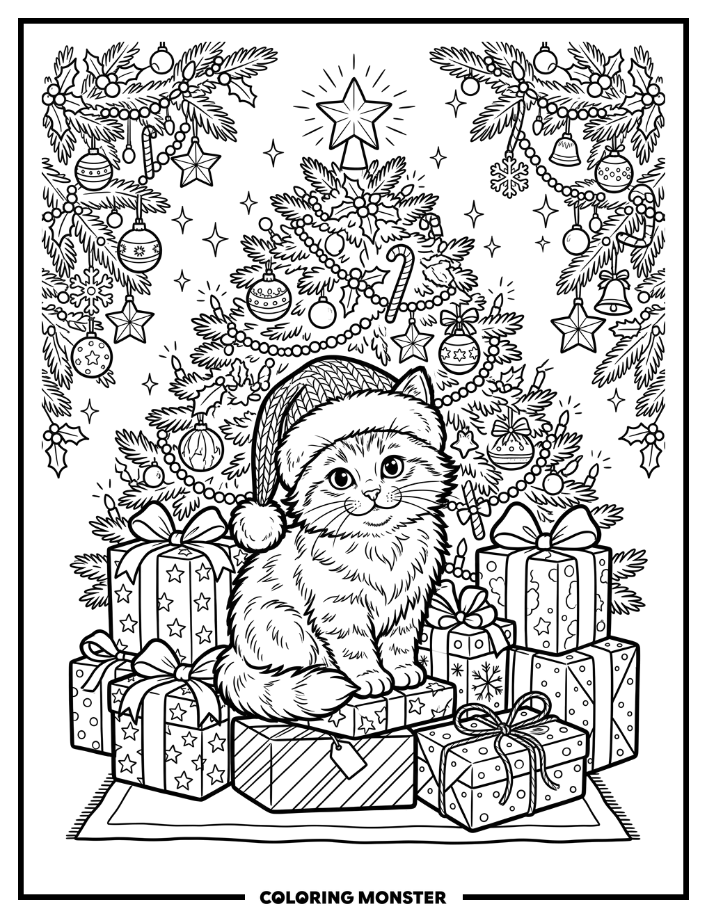 Kitten in Presents Under Christmas Tree Coloring Page