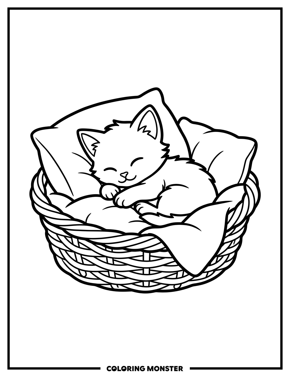 Kitten Napping in a Woven Basket Coloring Page