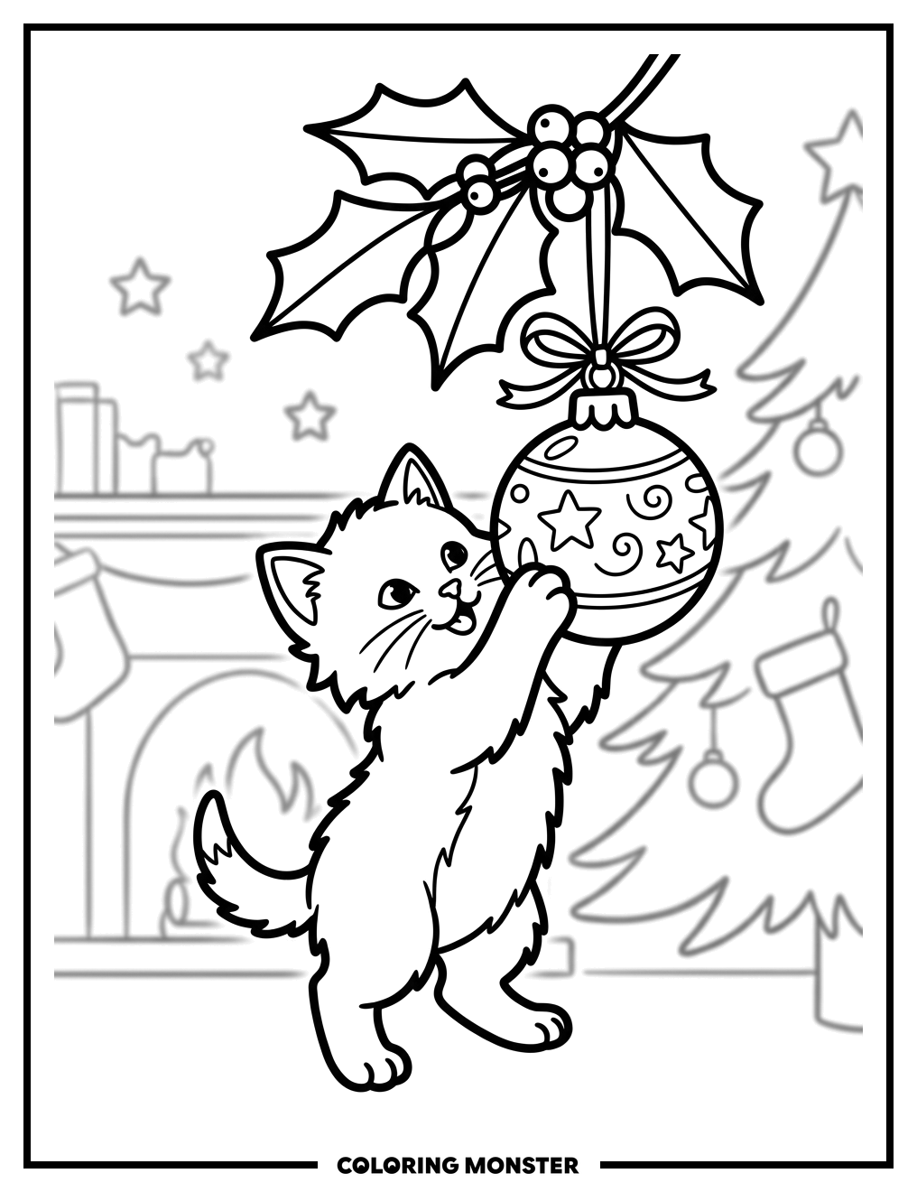 Kitten Playing With Christmas Ornament Coloring Page