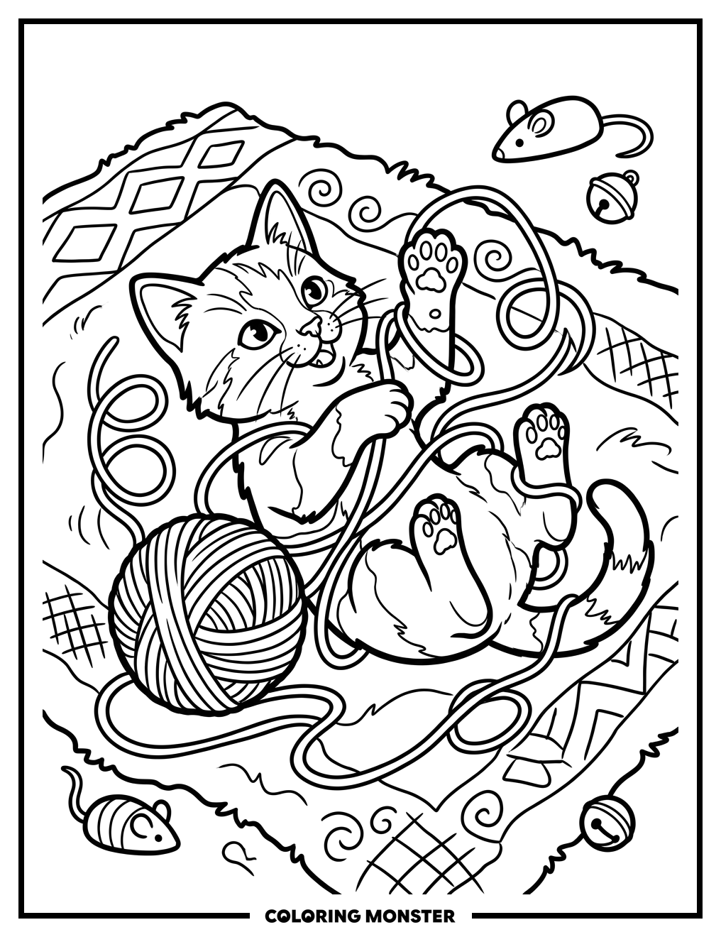 Kitten Playing With Yarn Ball Coloring Page