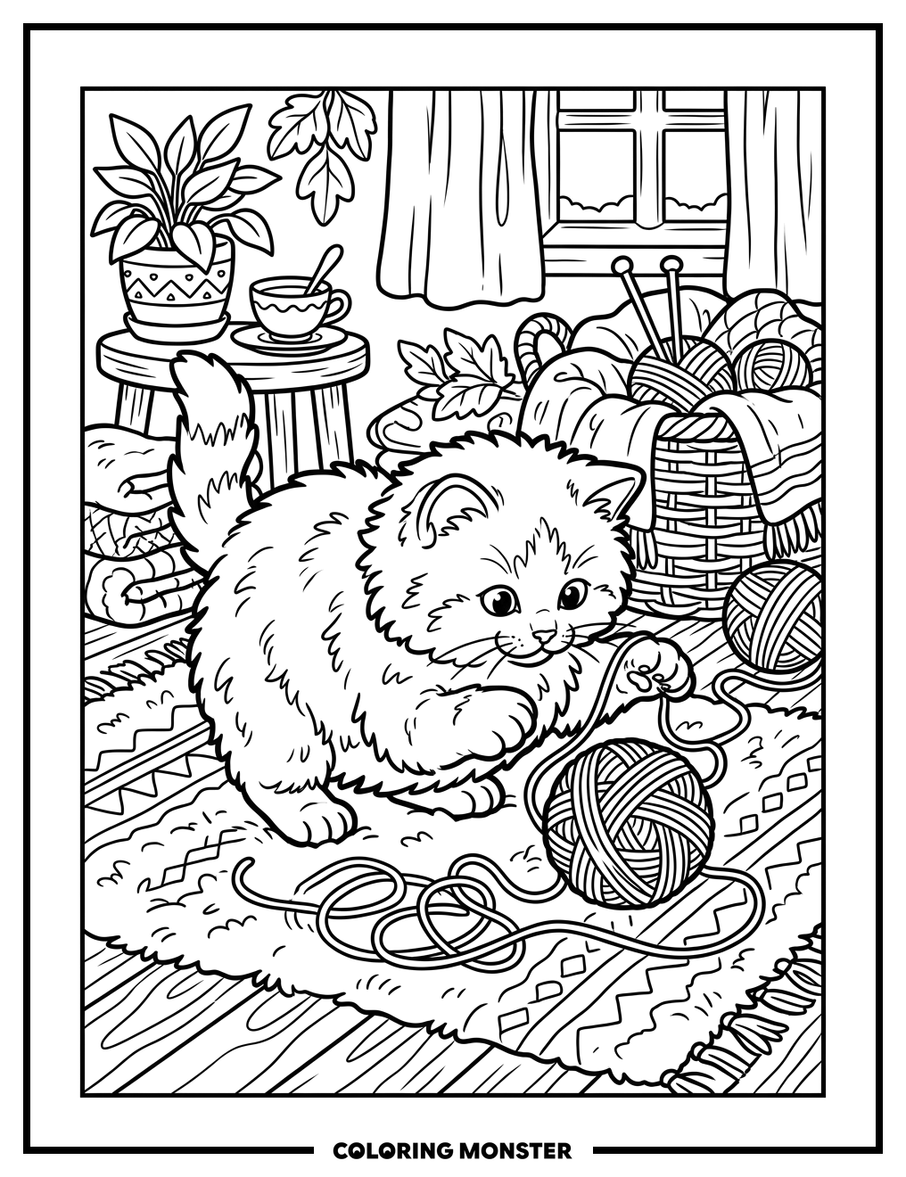 Kitten Playing With Yarn Ball Coloring Page