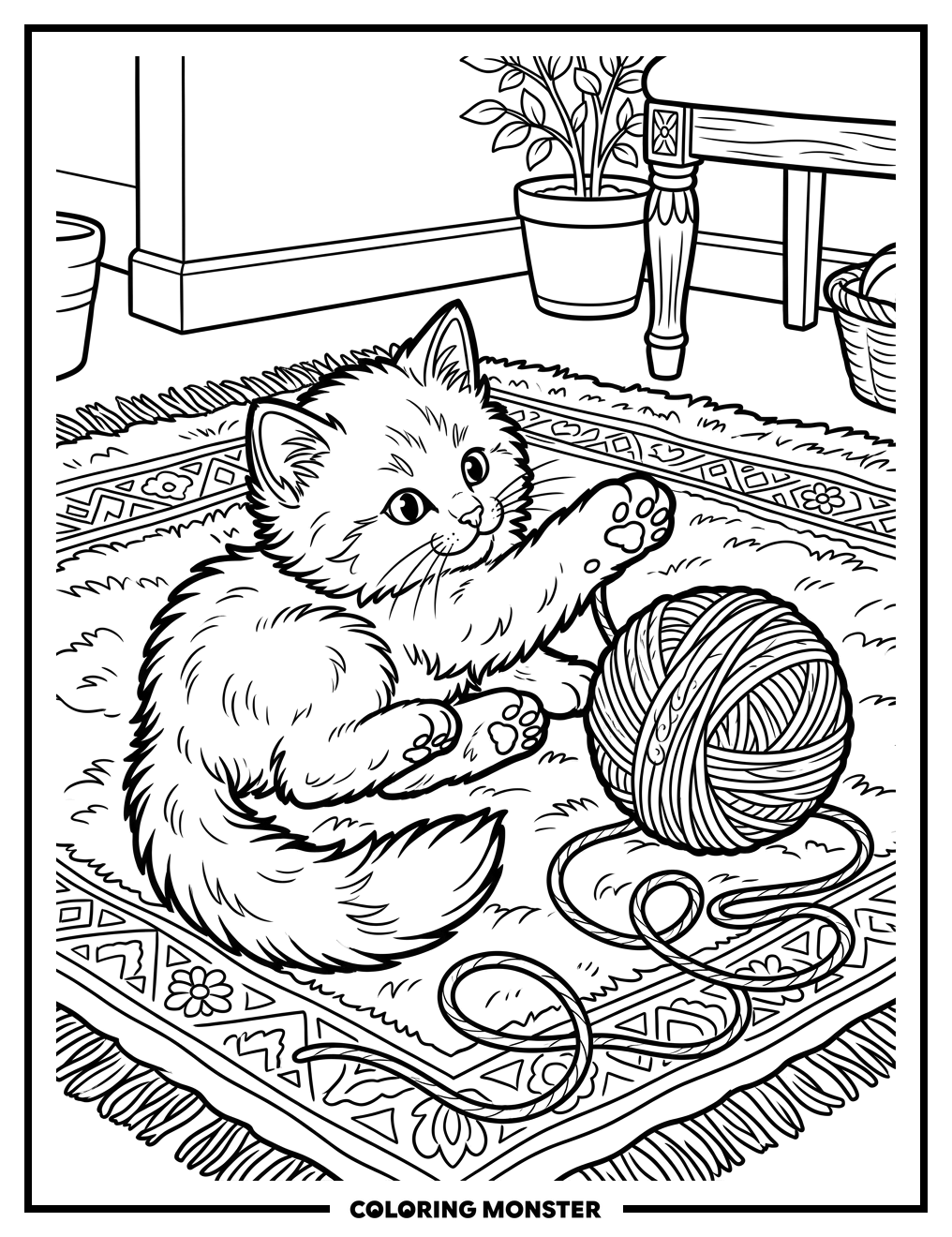 Kitten Plays With Yarn Ball Coloring Page