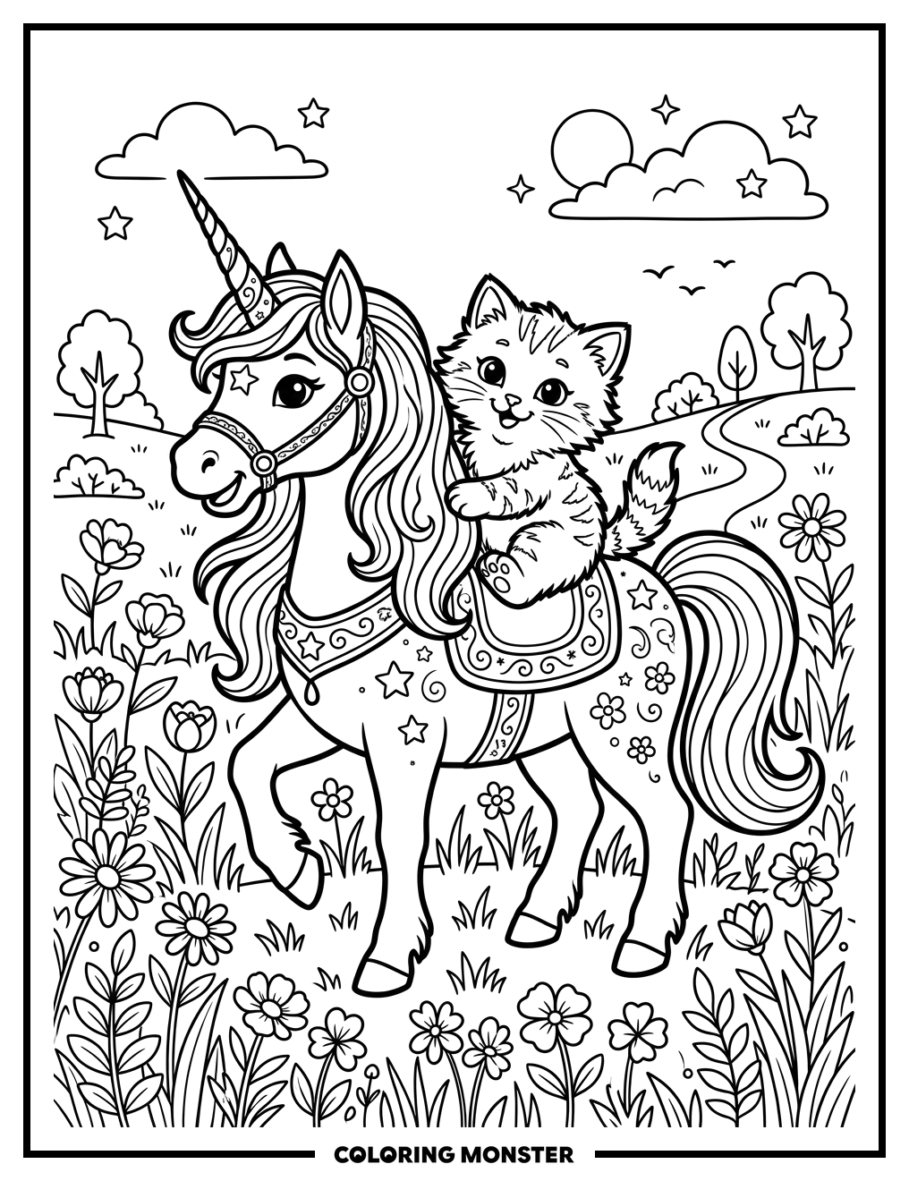 Kitten Riding a Unicorn Coloring Page