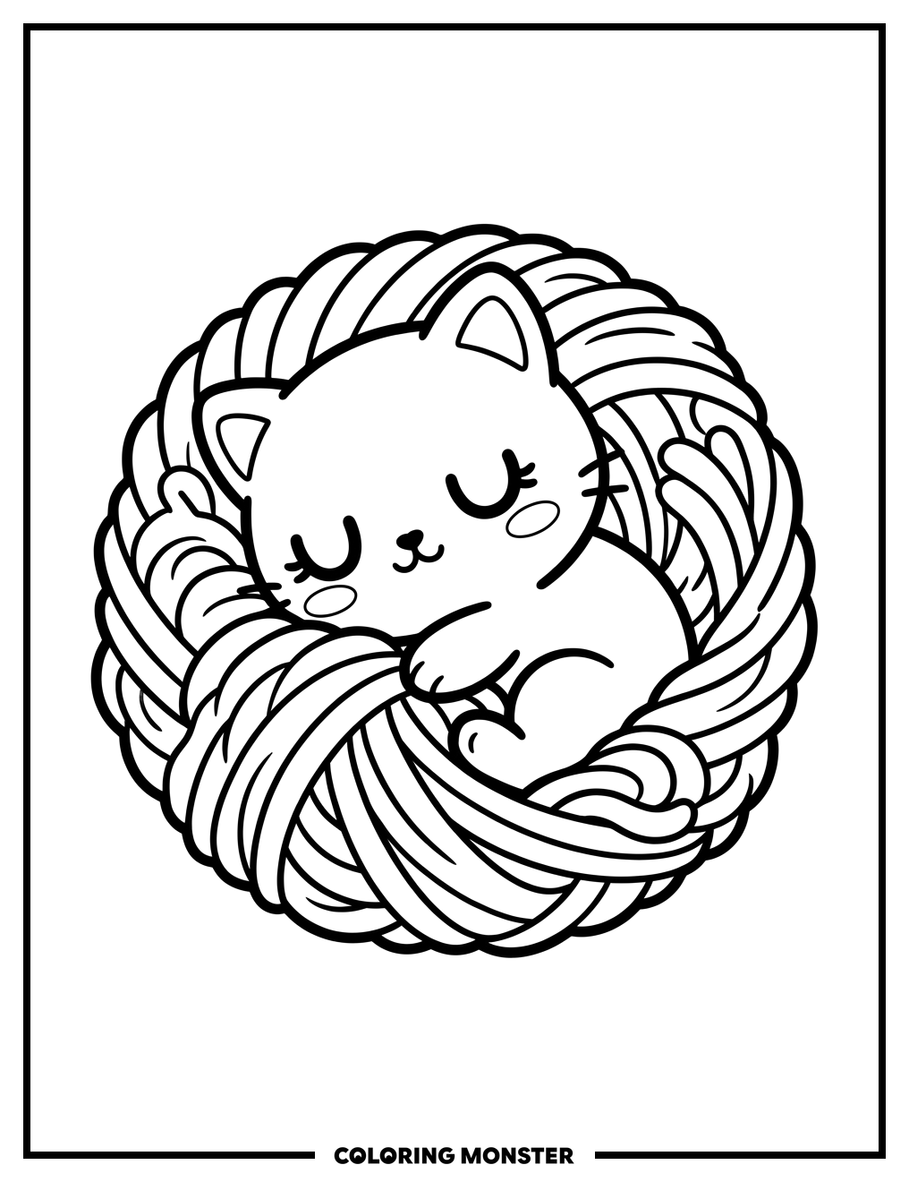 Kitten Sleeping in Yarn Ball Coloring Page