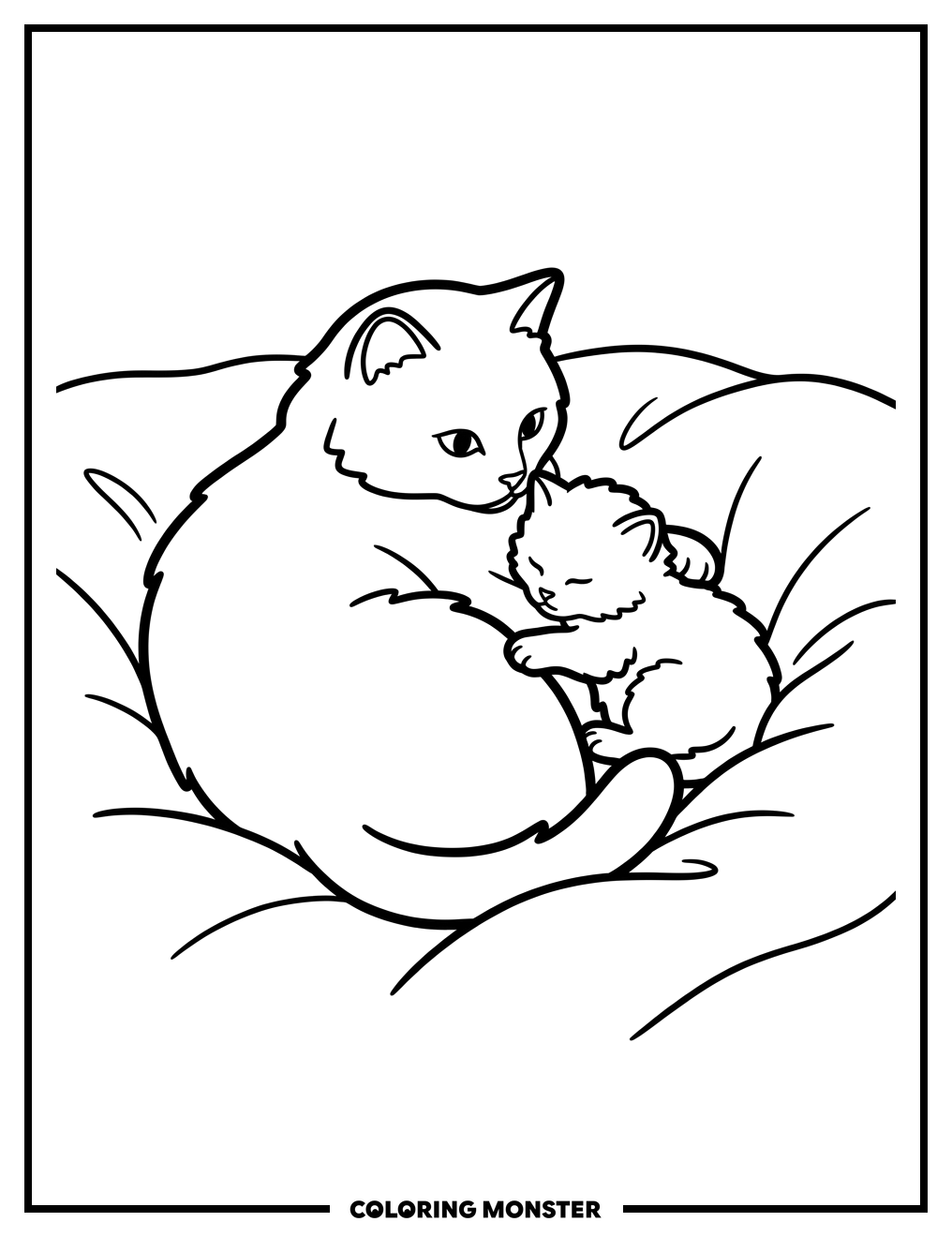 Kitten Snuggles With Mother Cat Coloring Page