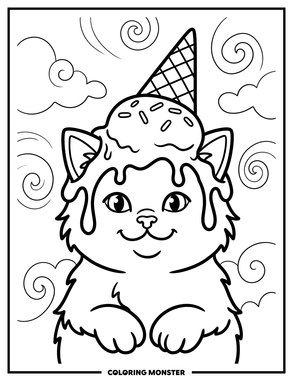 Kitten Wearing Ice Cream Cone Hat Coloring Page