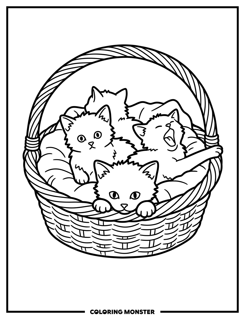 Kittens in a Wicker Basket Coloring Page