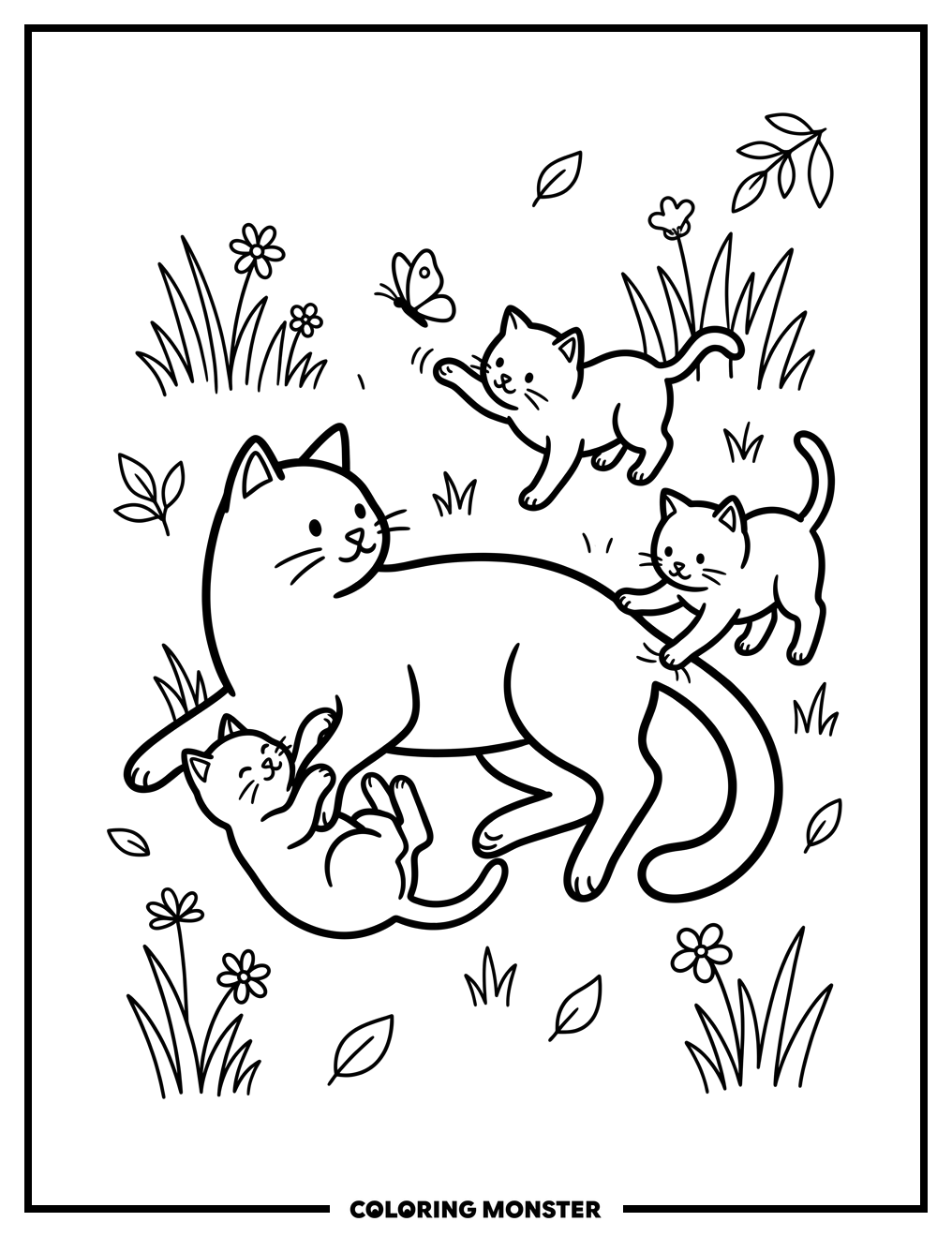 Kittens Play In Sunny Meadow Coloring Page