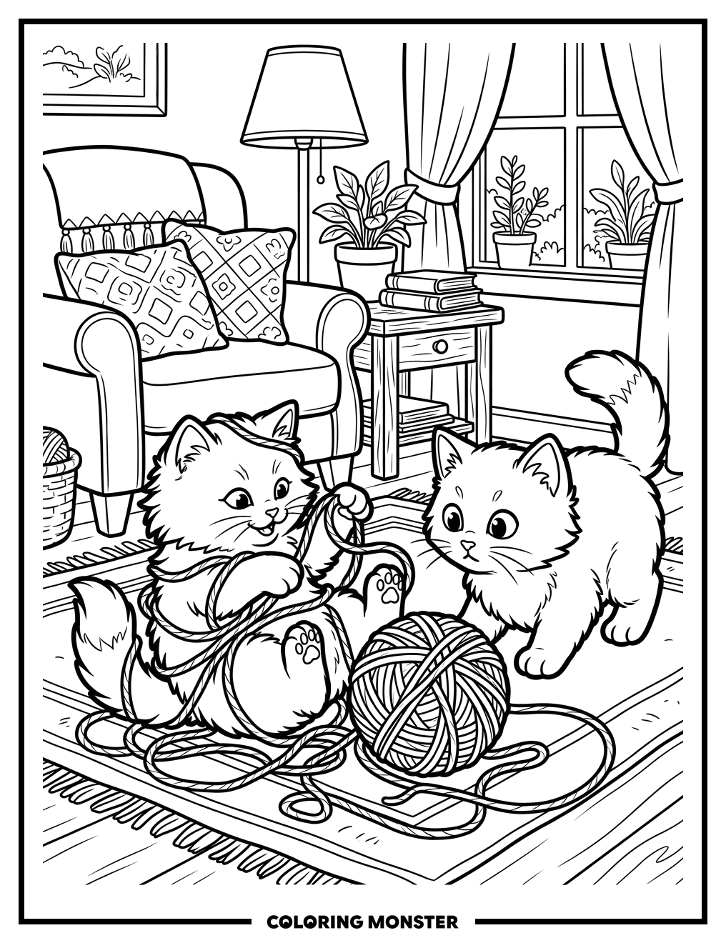 Kittens Play With Yarn Coloring Page