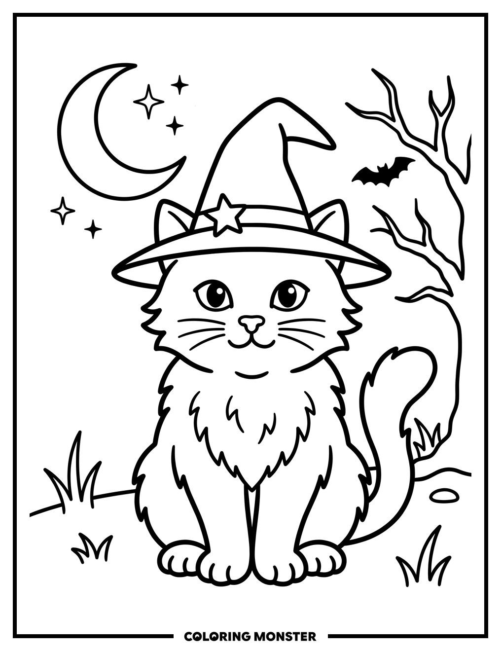 Kitty Wearing Witch Hat Coloring Page