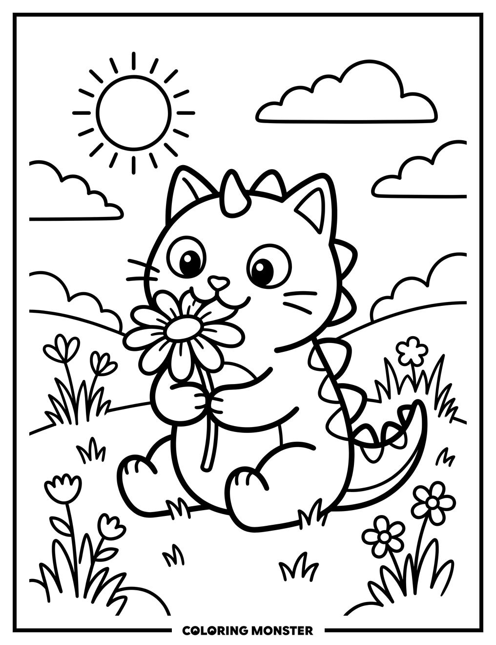 Kittysaurus Eating a Flower Coloring Page