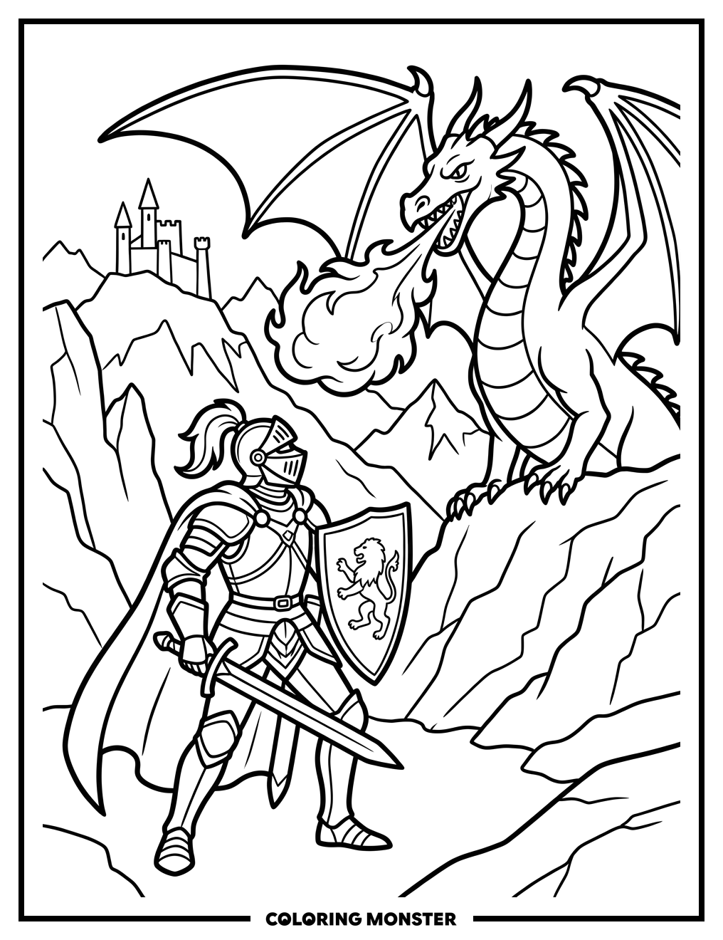 Knight Facing Dragon Near Castle Coloring Page