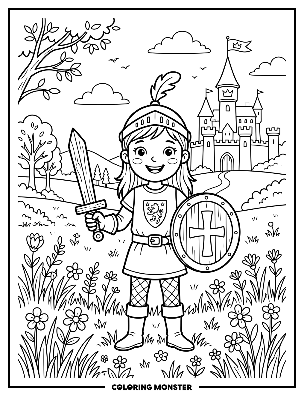 Knight Girl in Castle Meadow Coloring Page