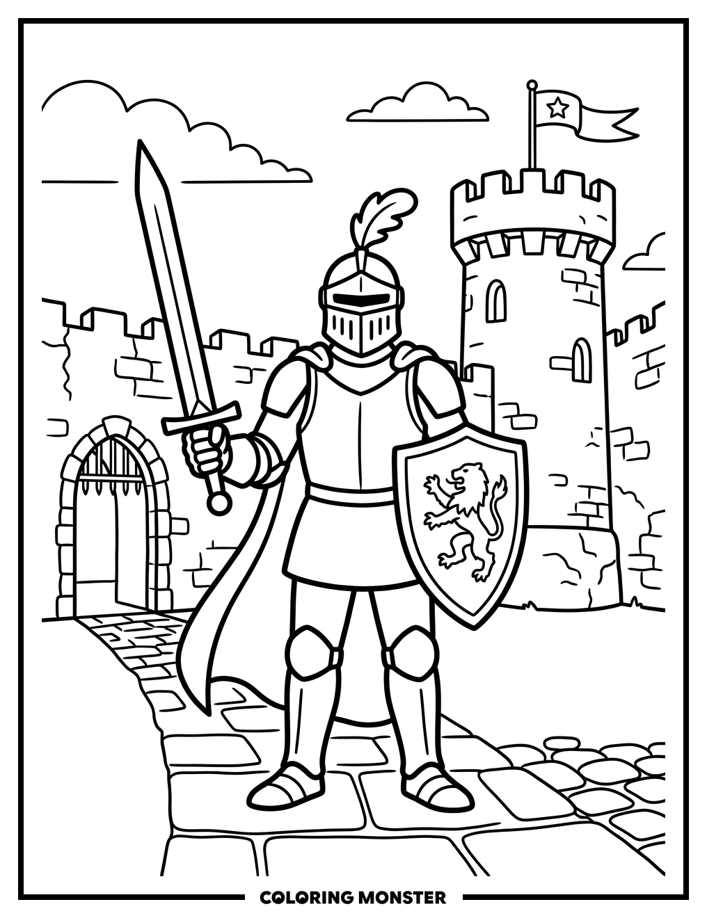 Knight in Castle Courtyard Coloring Page