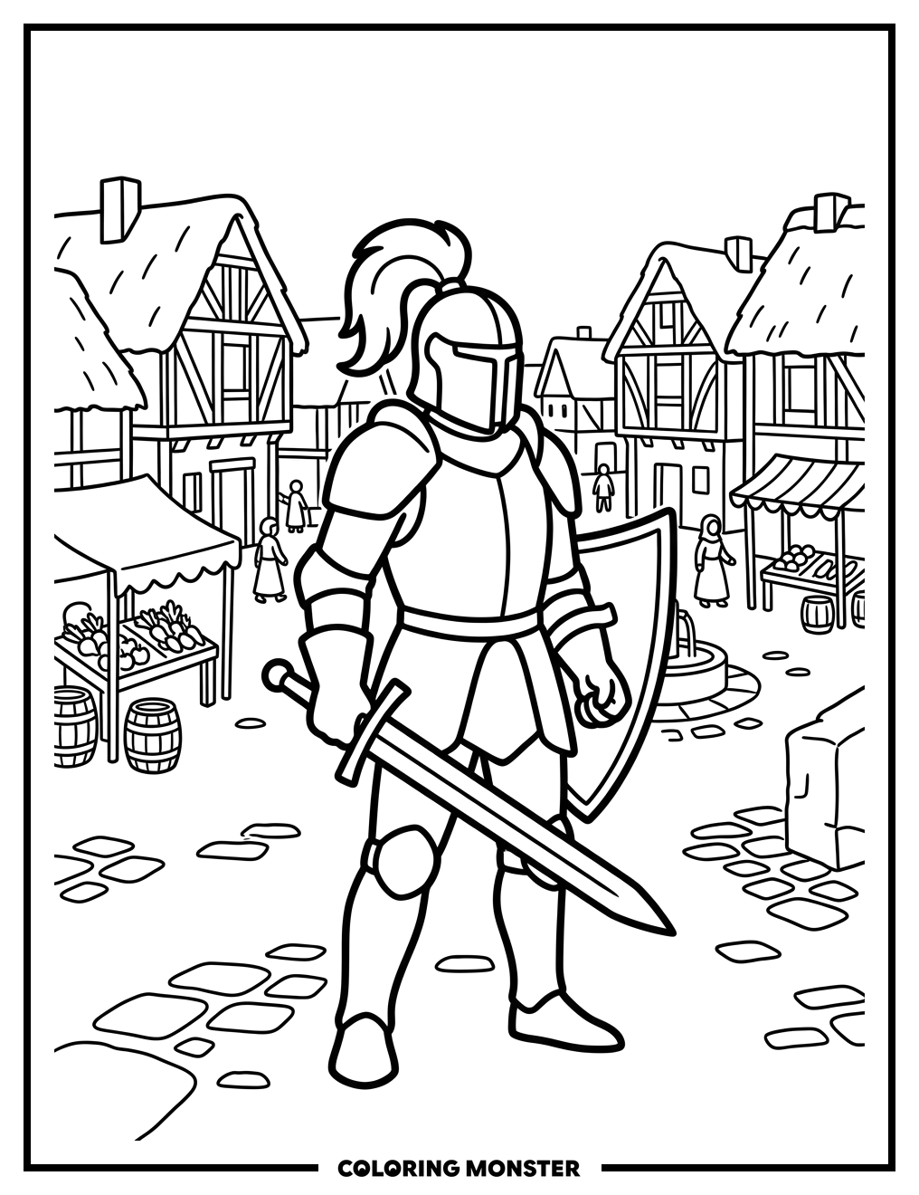 Knight in Medieval Village Square Coloring Page