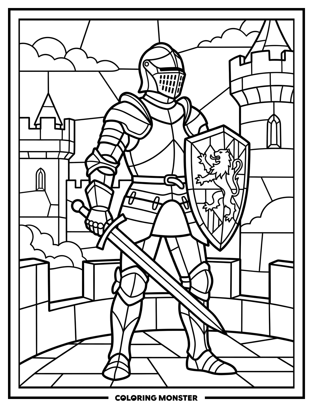 Knight on Castle Battlement Coloring Page