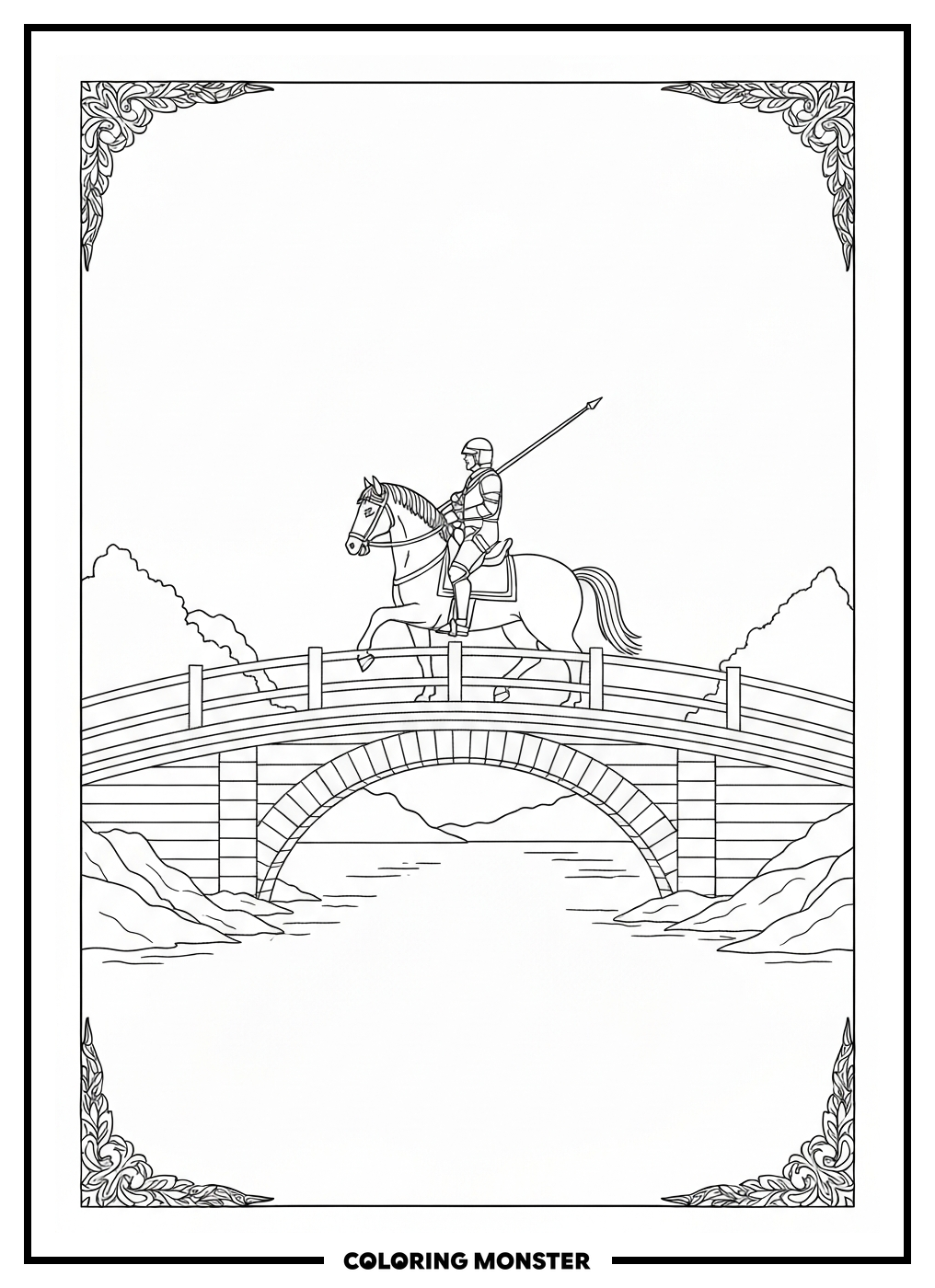 Knight On Horseback Crossing A Bridge Coloring Page