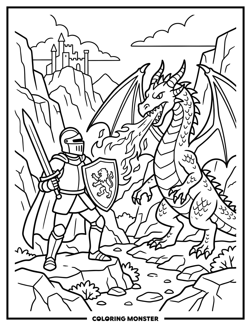 Knight Versus Dragon Coloring Page