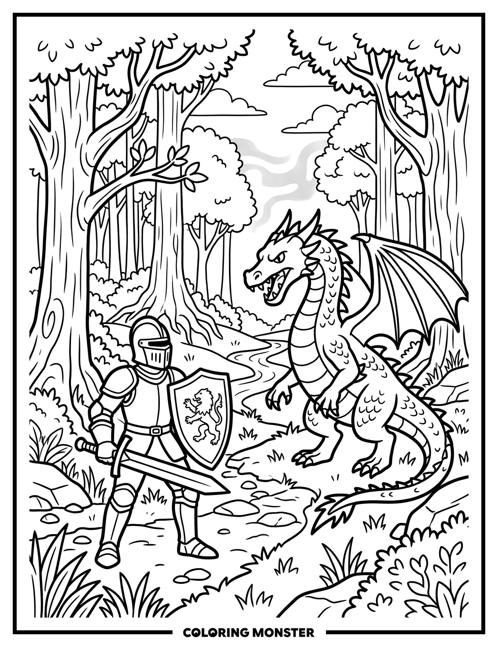 Knight vs Dragon in Forest Coloring Page