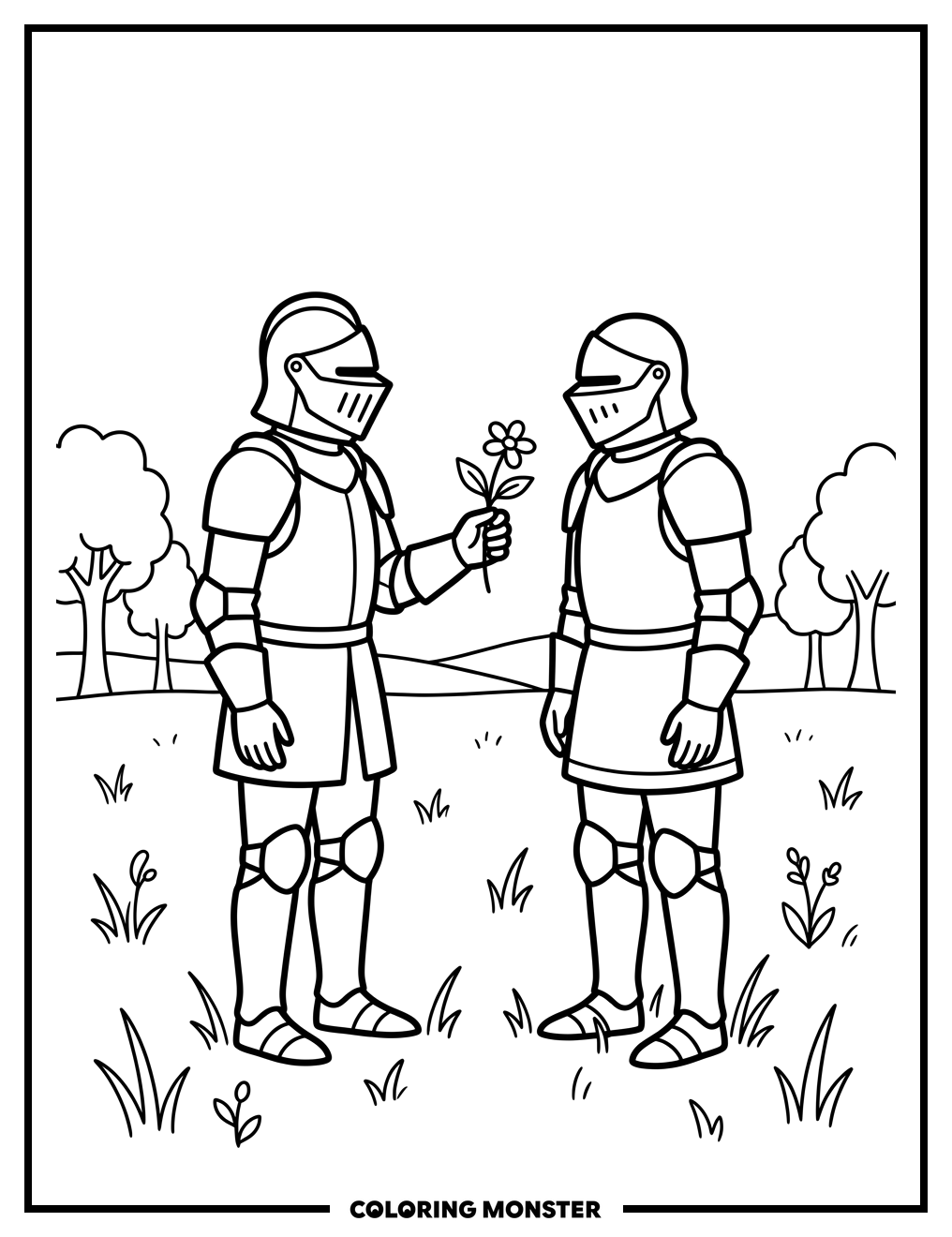 Knights Exchanging a Flower Coloring Page