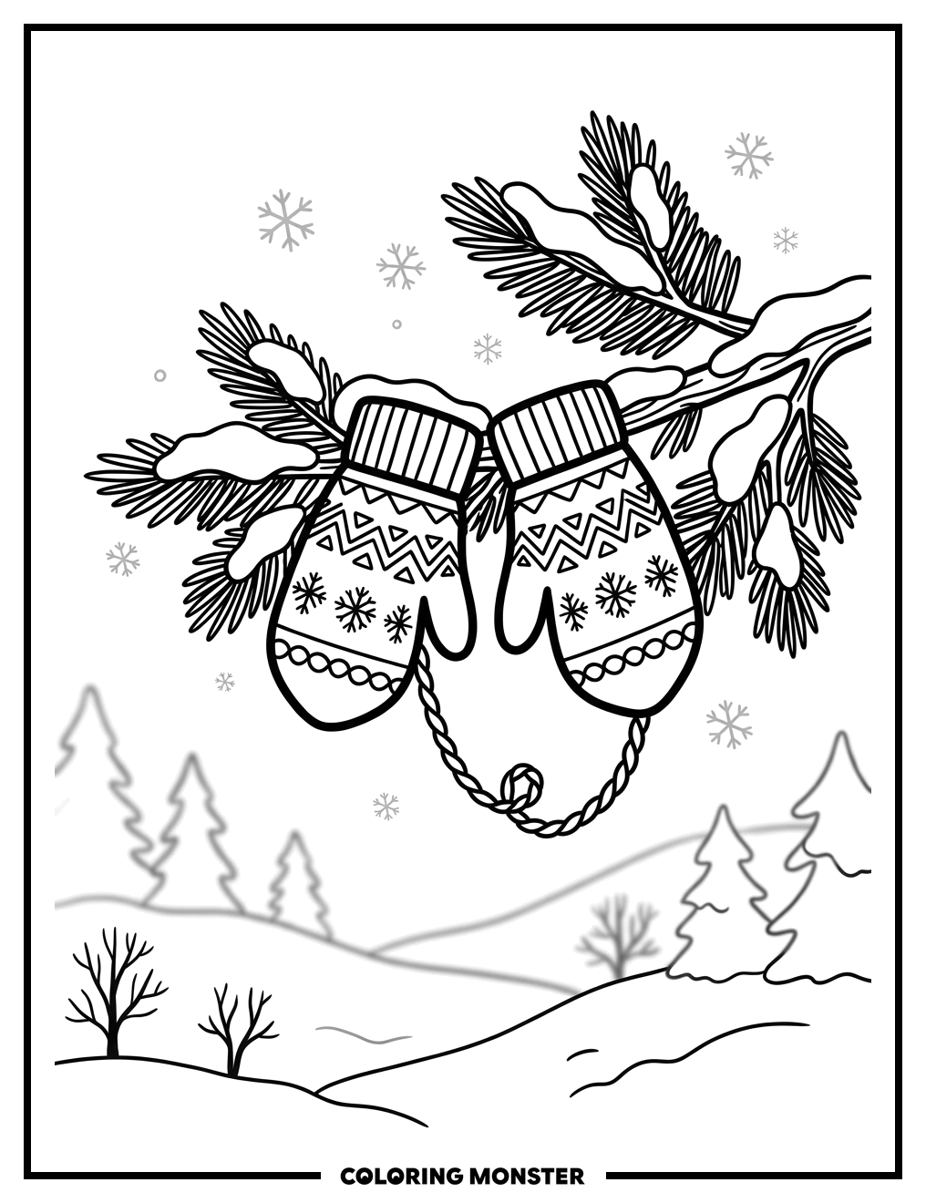 Knitted Mittens on Snowy Branch Coloring Page
