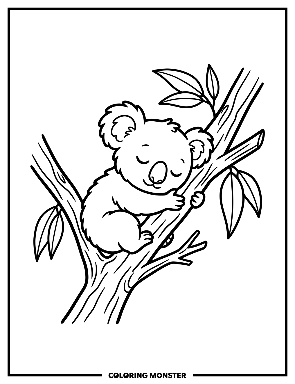 Koala Asleep on Tree Branch Coloring Page