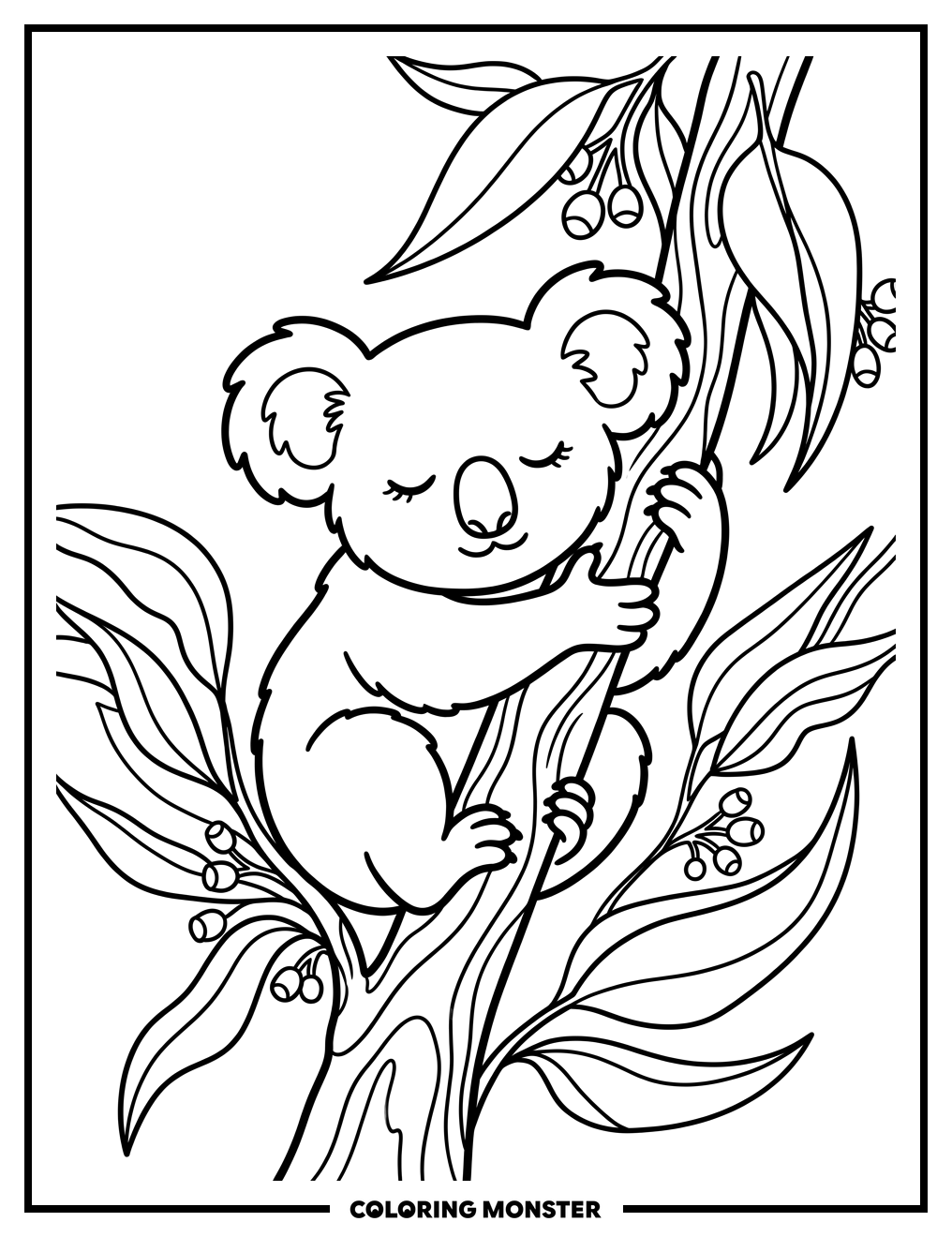 Koala Resting on Eucalyptus Branch Coloring Page