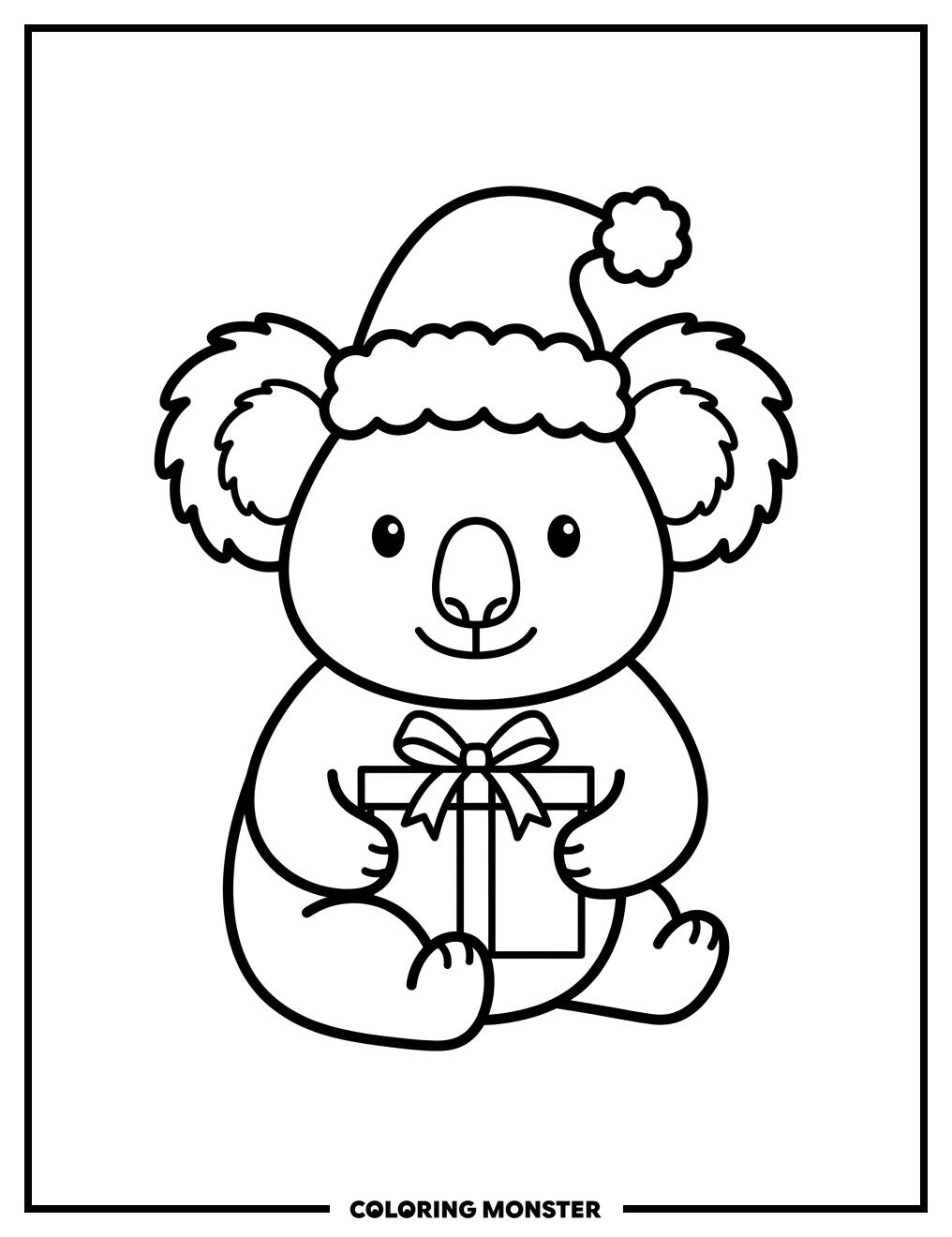 Koala Wearing Santa Hat With Present Coloring Page