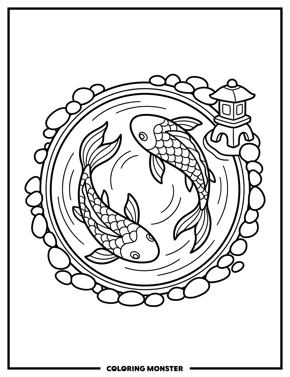 Koi Fish in Decorative Pond Coloring Page