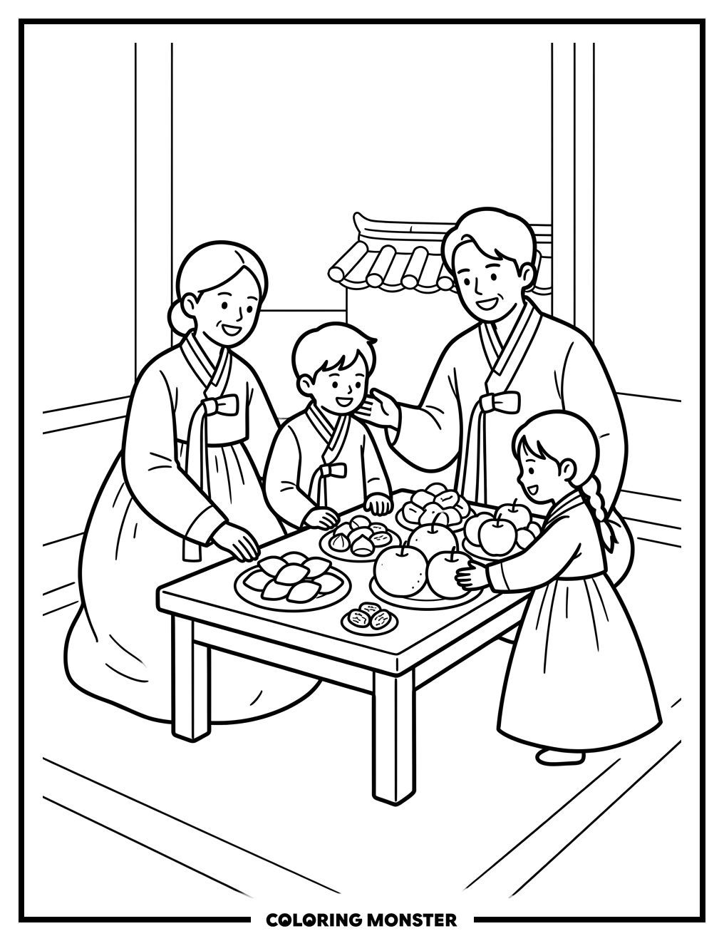 Korean Family Chuseok Celebration Coloring Page