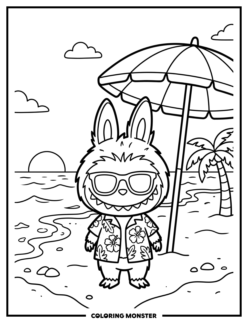 Labubu on a Sunny Beach Coloring Page