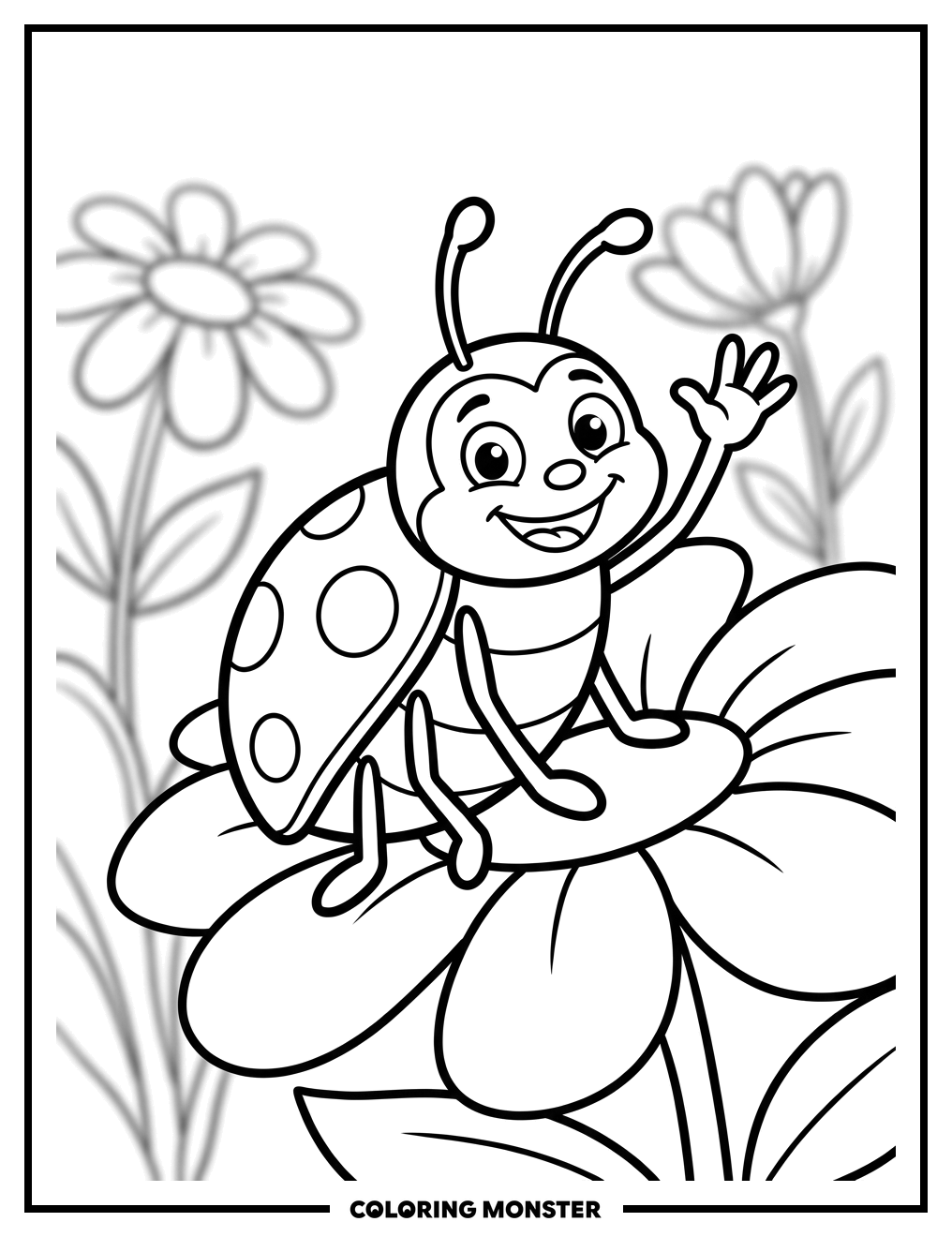 Ladybug Waving on a Flower Coloring Page