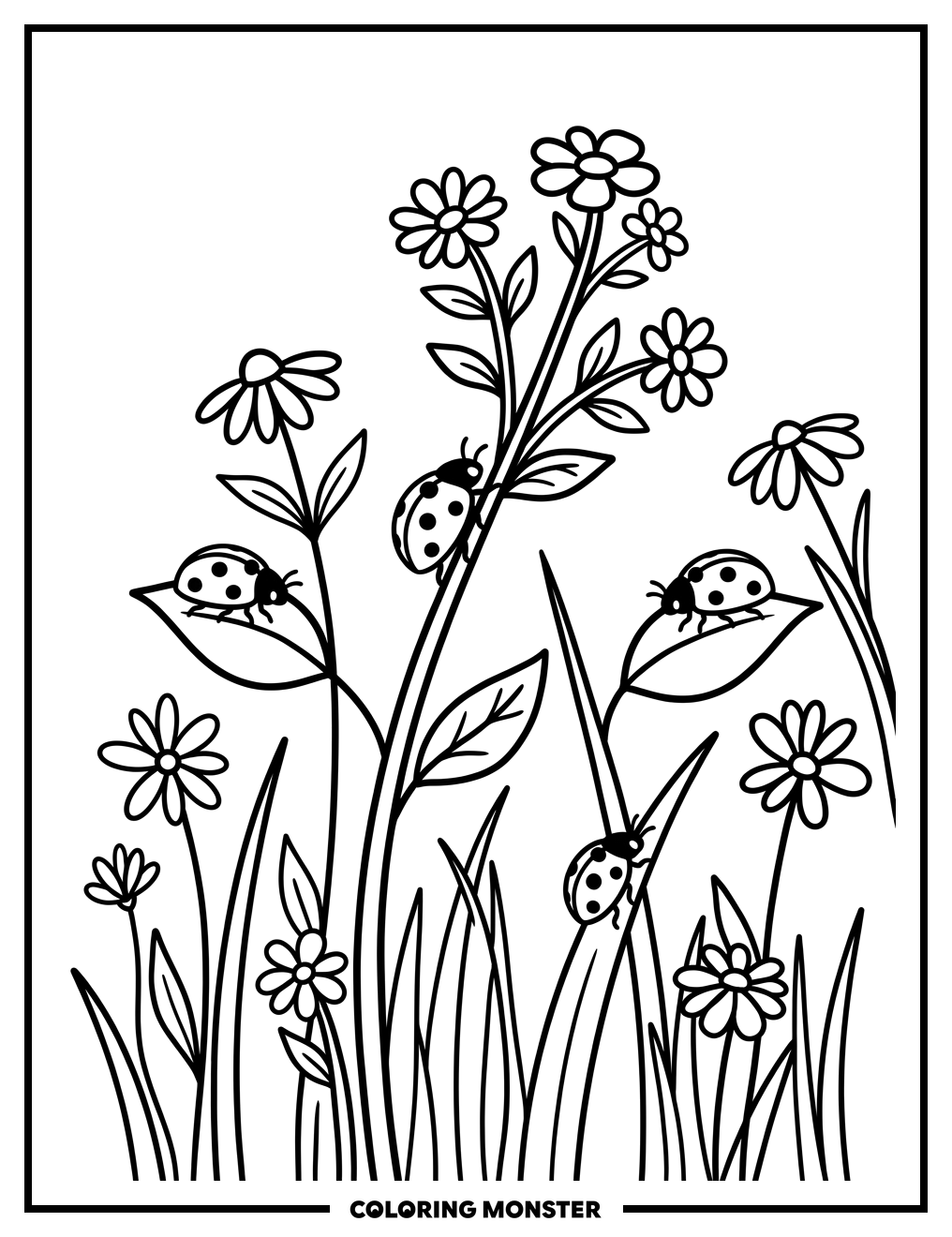 Ladybugs Among Flowers Coloring Page