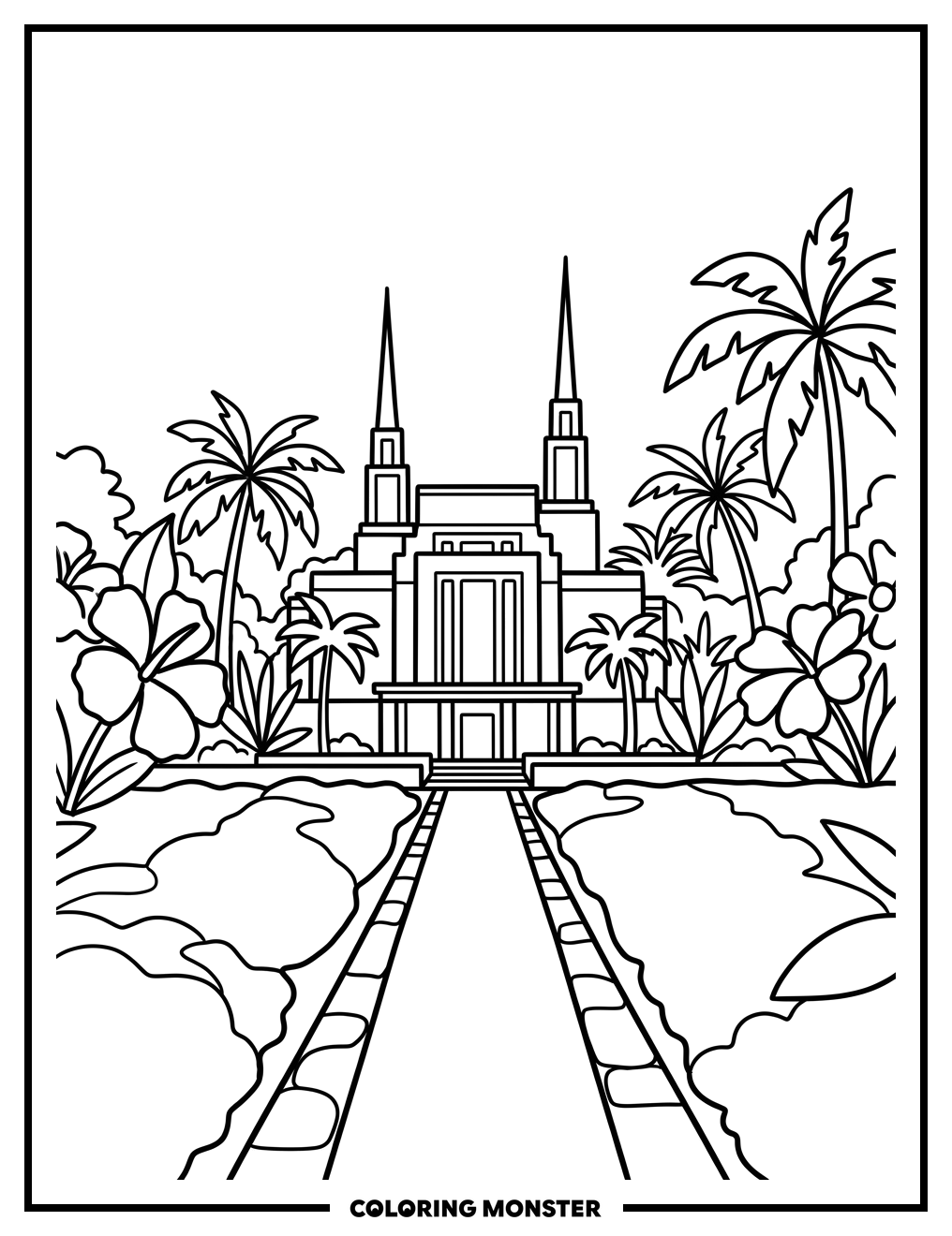 Laie Hawaii Temple and Tropical Garden Coloring Page