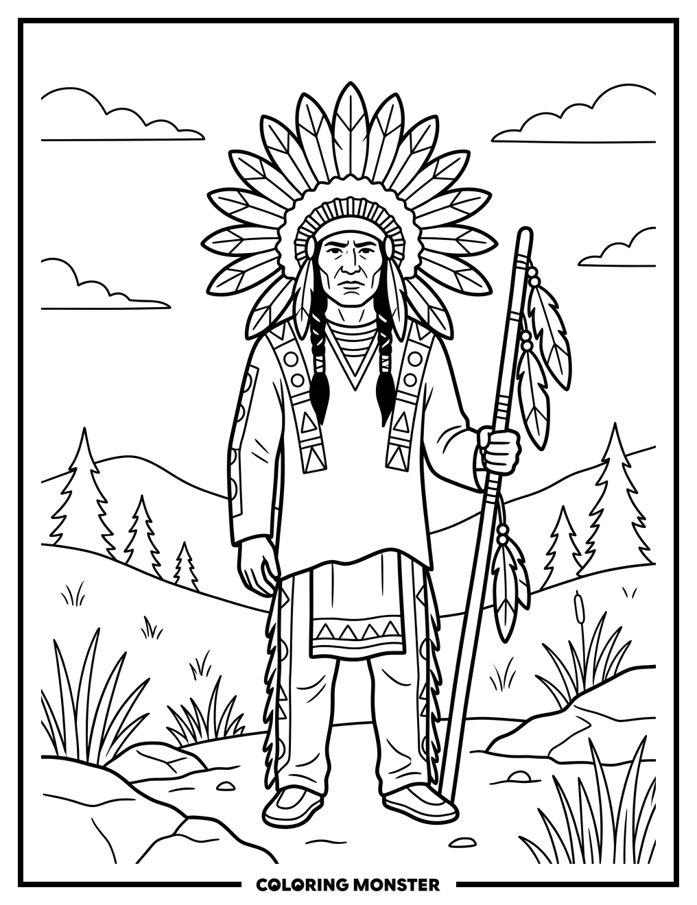 Lakota Chief in Feathered Headdress Coloring Page