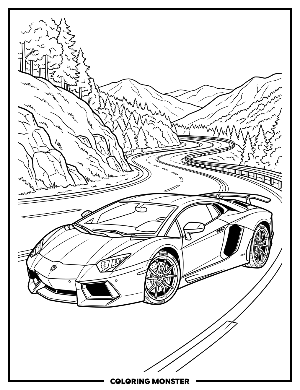 Lamborghini Aventador on Winding Road Coloring Page