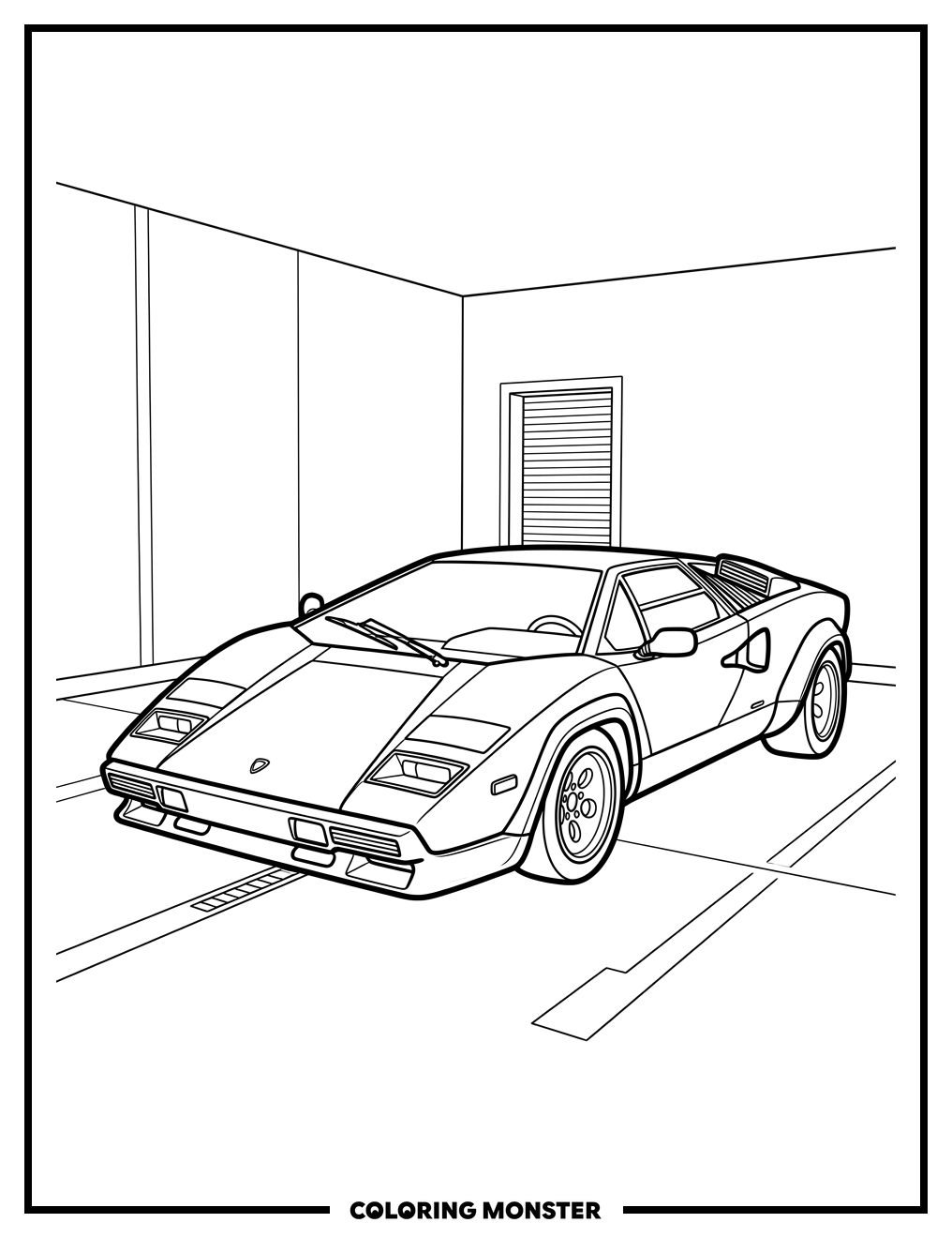 Lamborghini Countach in Minimalist Garage Coloring Page