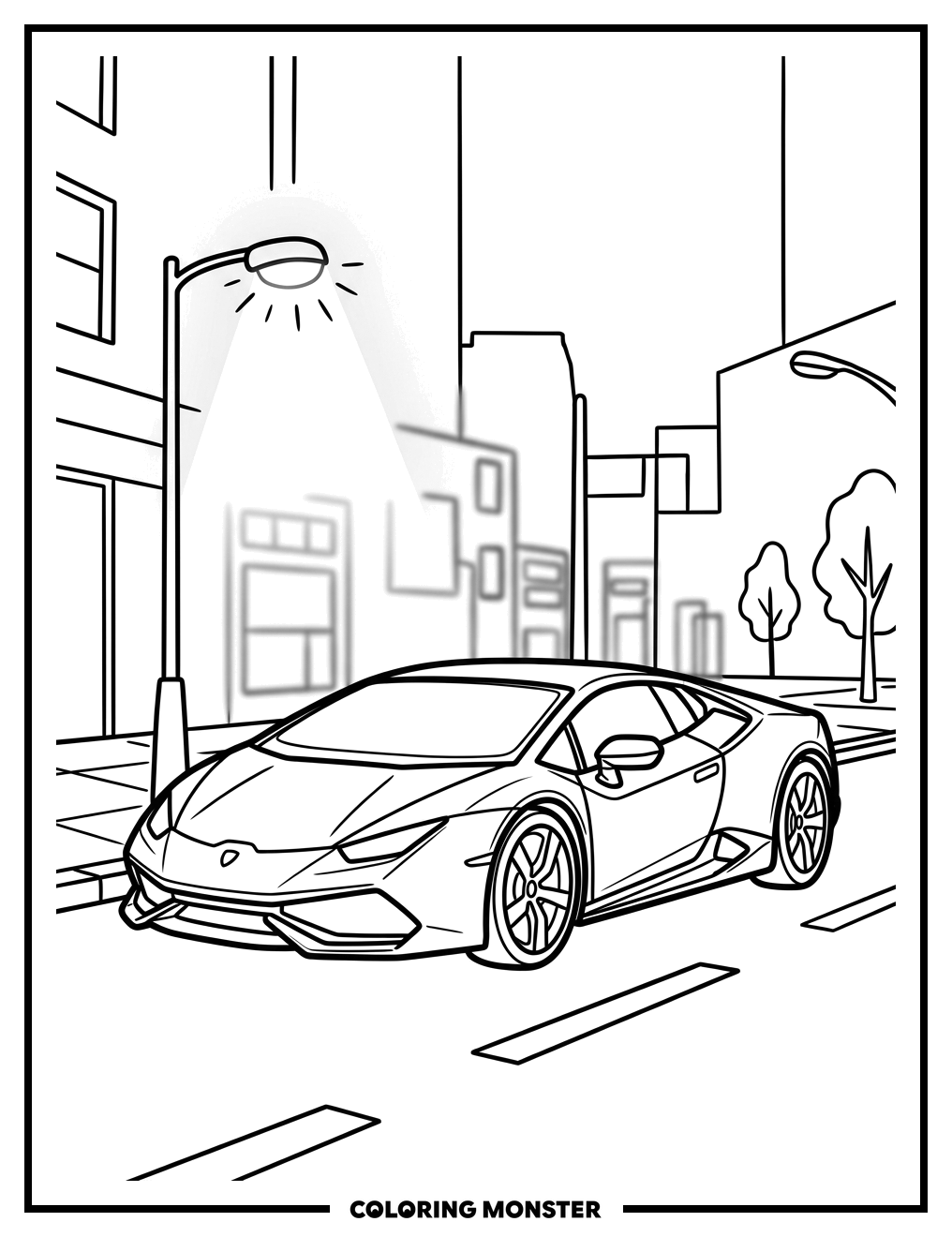 Lamborghini on City Street At Night Coloring Page