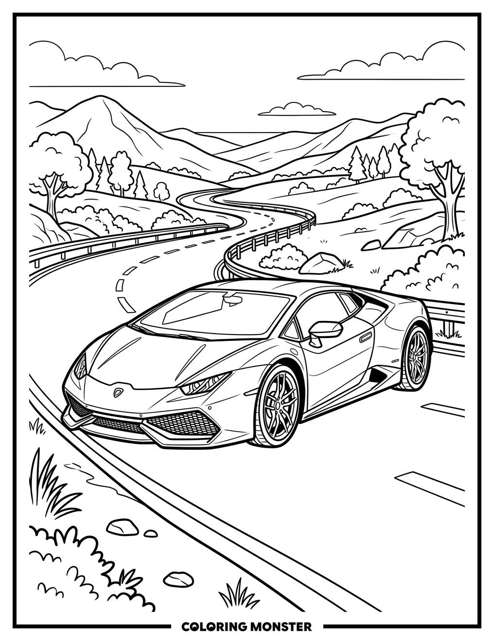 Lamborghini Sports Car On Winding Road Coloring Page