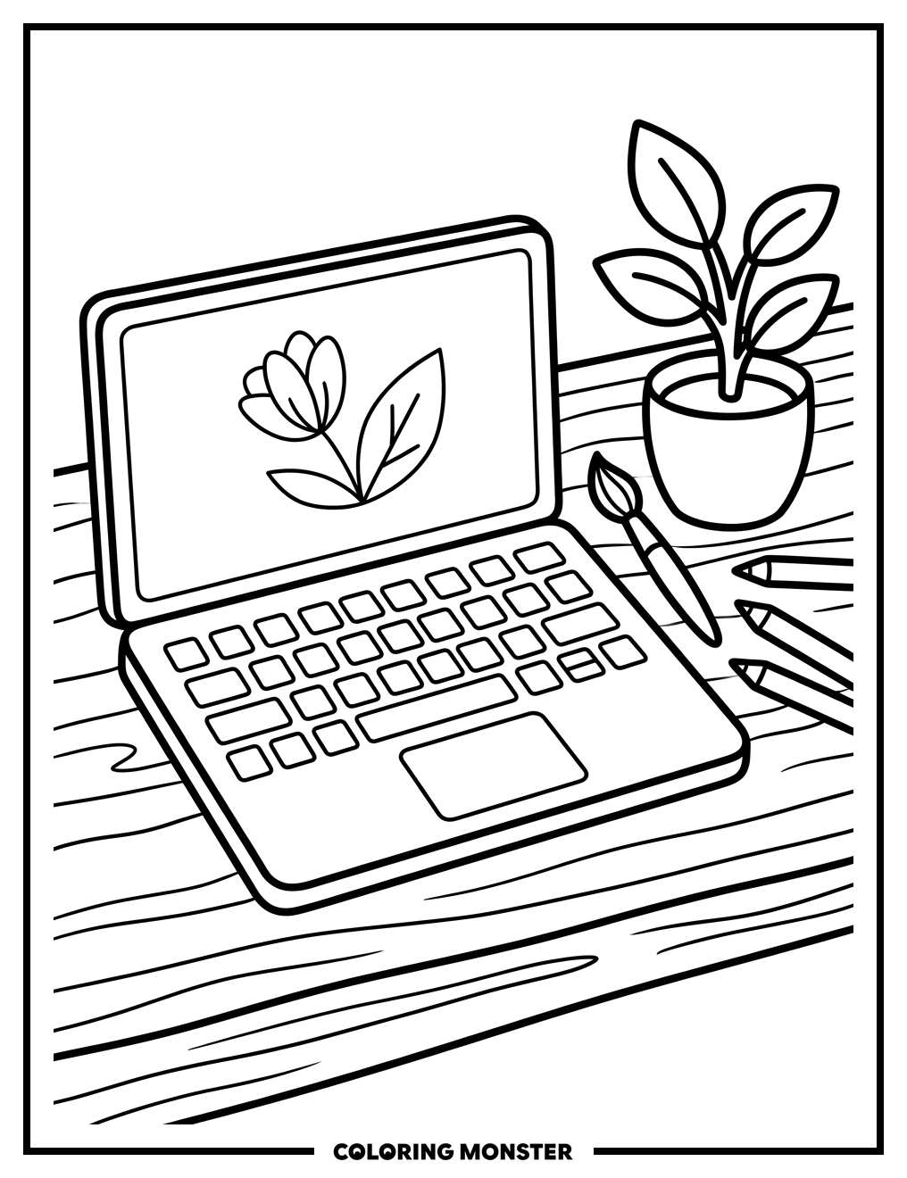 Laptop and Art Supplies Coloring Page