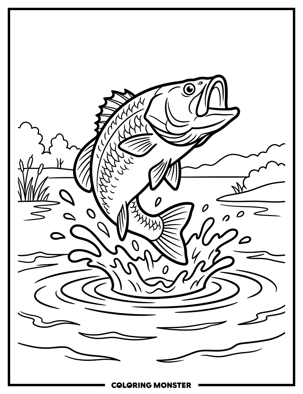 Largemouth Bass Leaping From Water Coloring Page